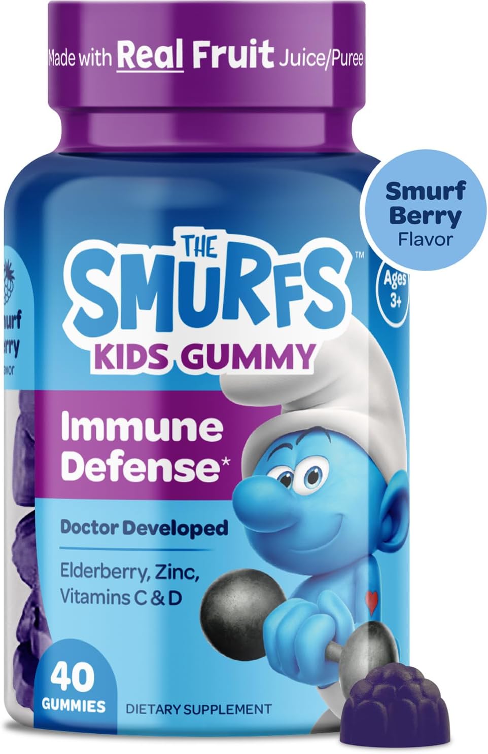 VITABURST Smurfs Kids Immune Support Gummies with Black Elderberry, Vitamin C, and Zinc - 40 Gummies, Real Fruit, Doctor Developed, Non-GMO