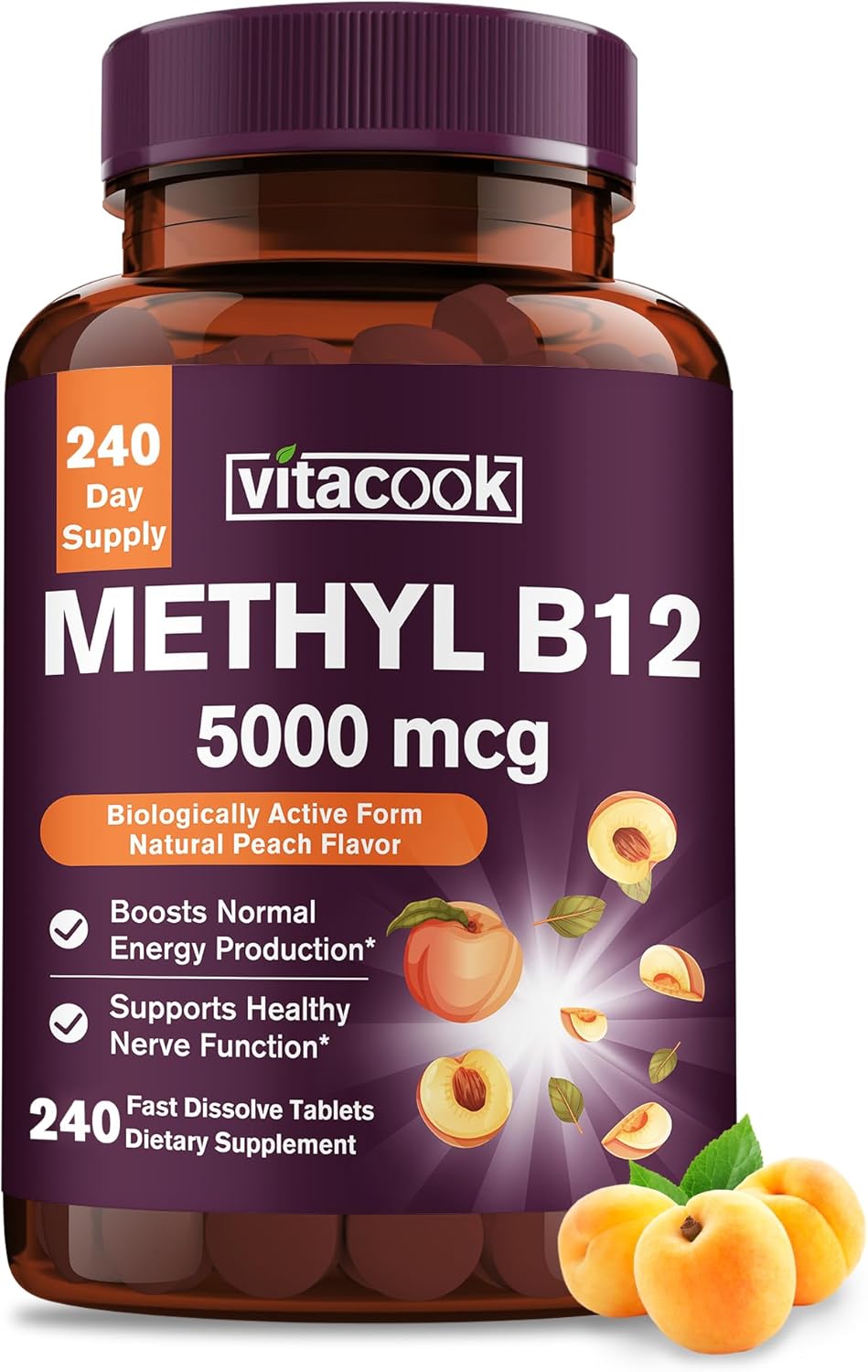Vitacook Methylcobalamin Sublingual Tablets 5000mcg for Energy, Nerve & Cell Support - Natural Peach Flavor, Vegan - 240 Fast Dissolve Tablets