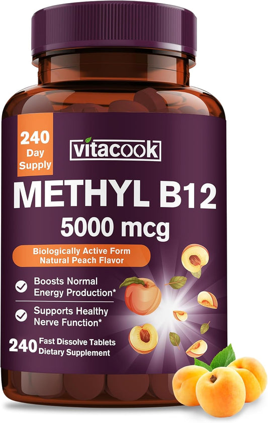 Vitacook Methylcobalamin Sublingual Tablets 5000mcg for Energy, Nerve & Cell Support - Natural Peach Flavor, Vegan - 240 Fast Dissolve Tablets