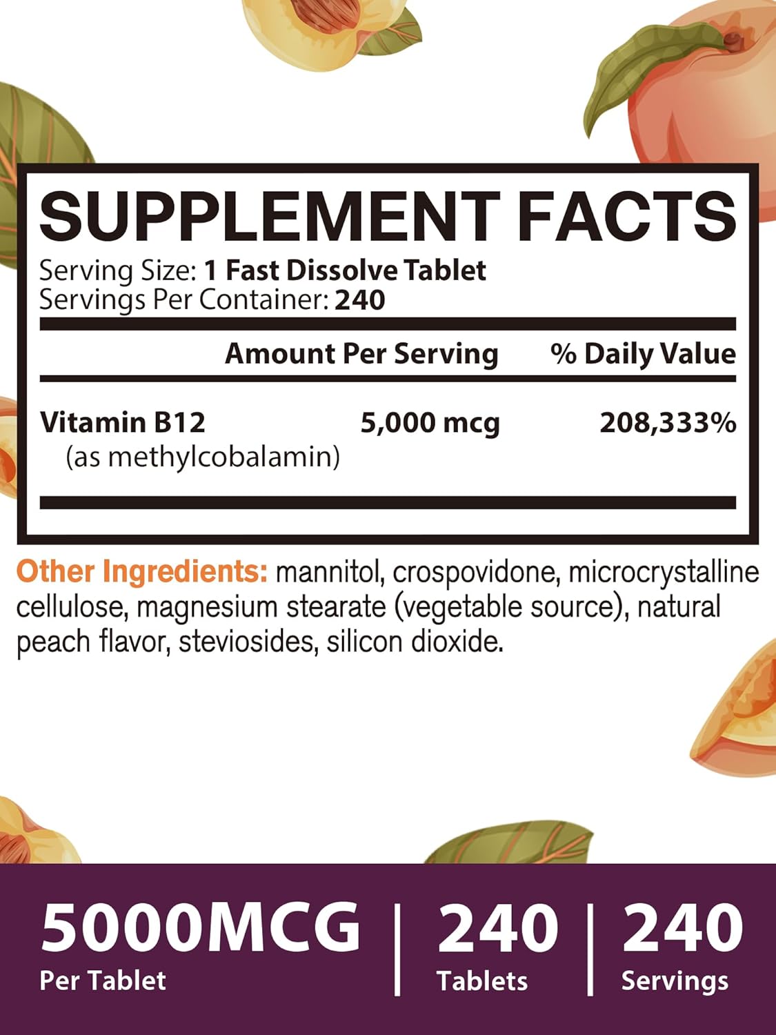 Vitacook Methylcobalamin Sublingual Tablets 5000mcg for Energy, Nerve & Cell Support - Natural Peach Flavor, Vegan - 240 Fast Dissolve Tablets