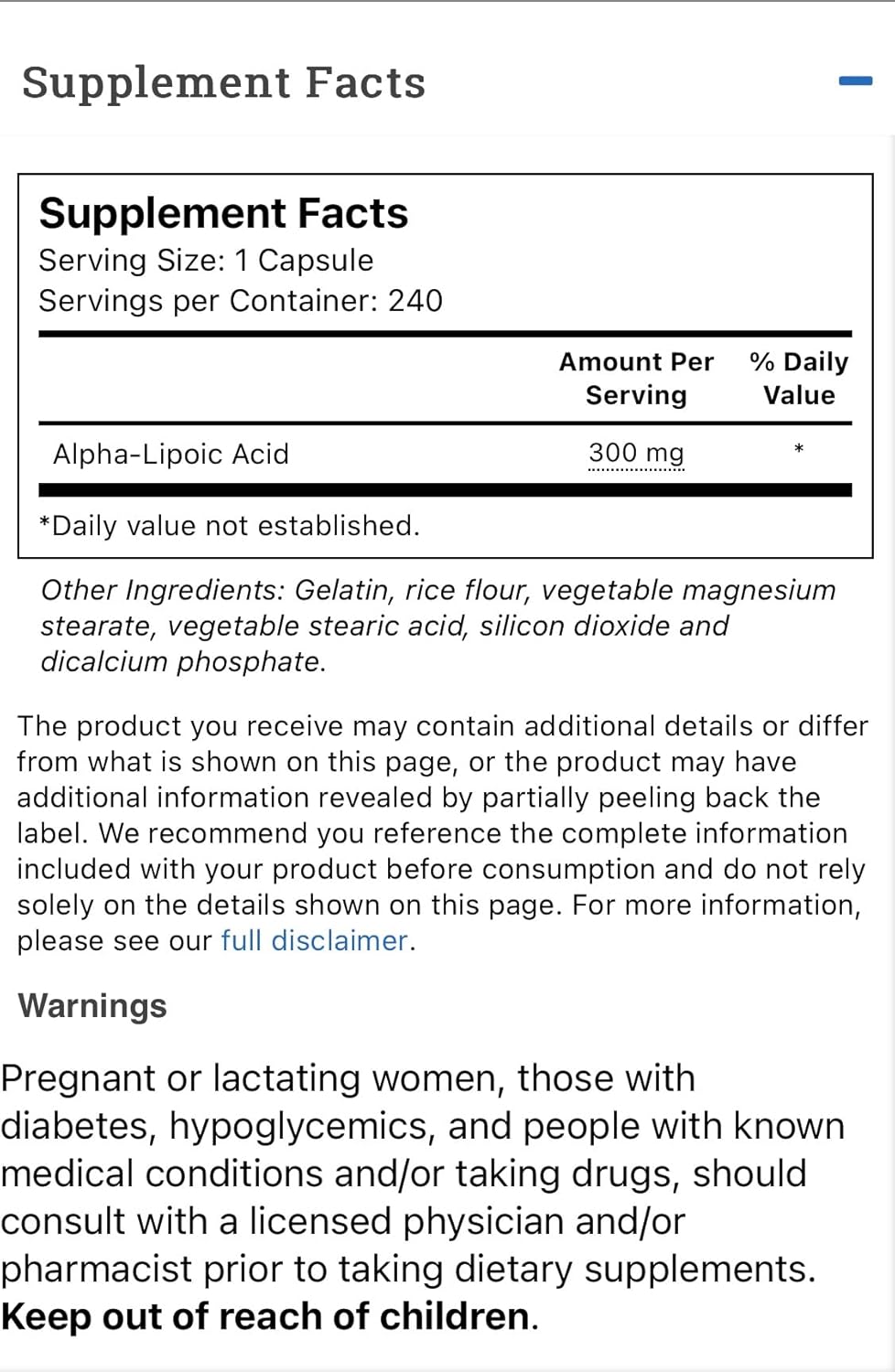 Vitacost Alpha Lipoic Acid 300mg - 240 Capsules - Vitacost Brand Supplement