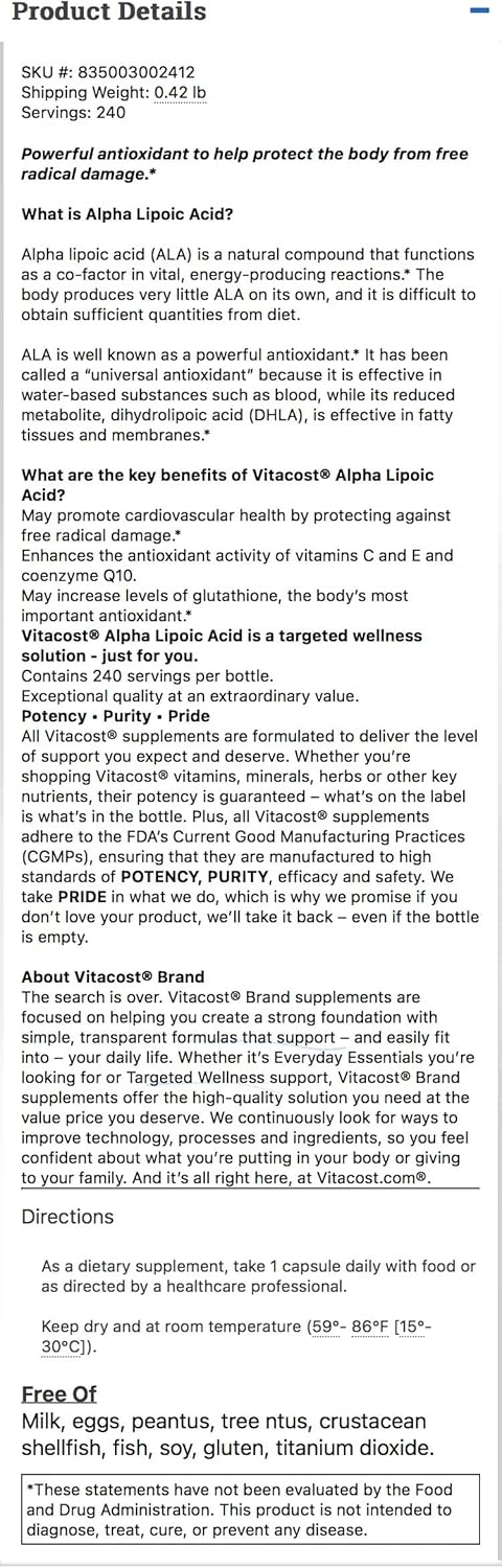 Vitacost Alpha Lipoic Acid 300mg - 240 Capsules - Vitacost Brand Supplement