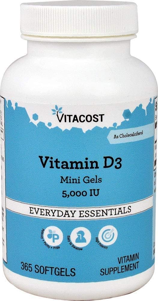 Vitacost Brand Vitamin D3-5000 IU Softgels - 365 Count - Mini Gels for Daily Health