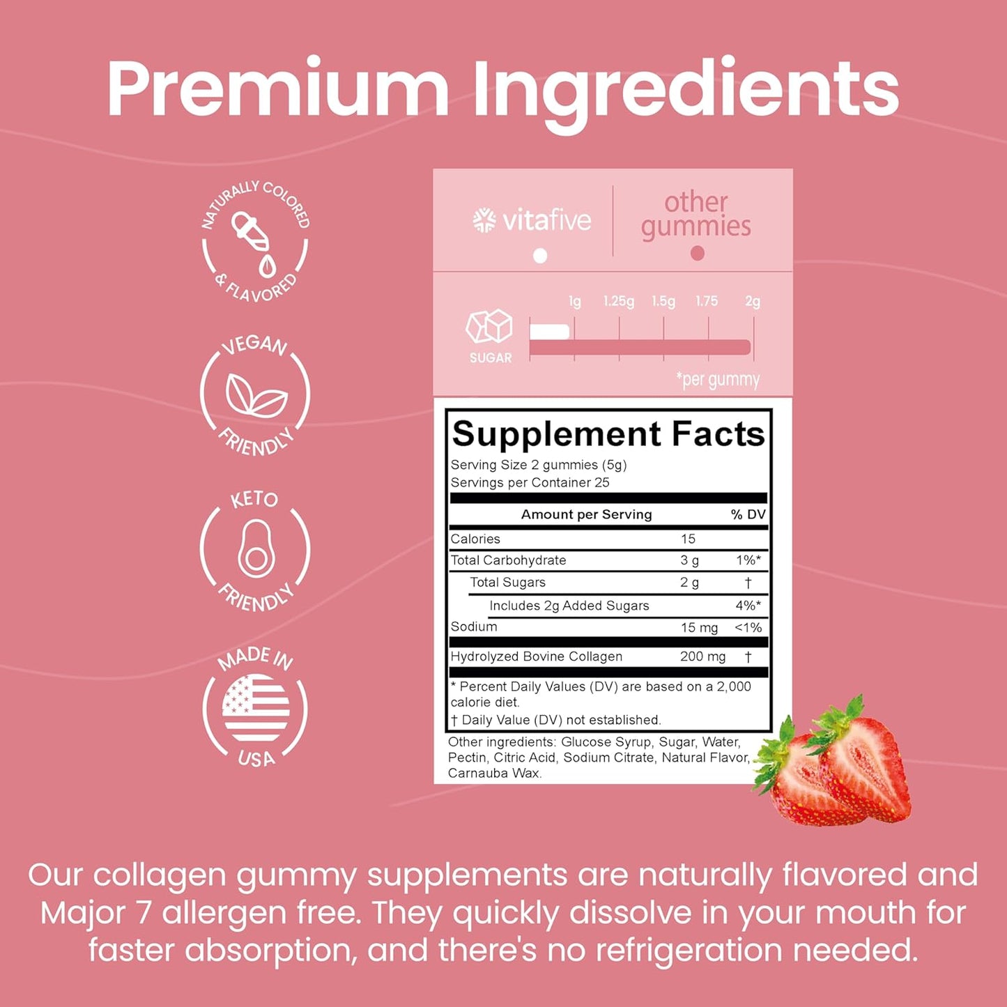 vitafive Bovine Collagen Gummies for Hair, Skin & Connective Tissue Support - Gluten Free - 50 Count - BoostGo Australia
