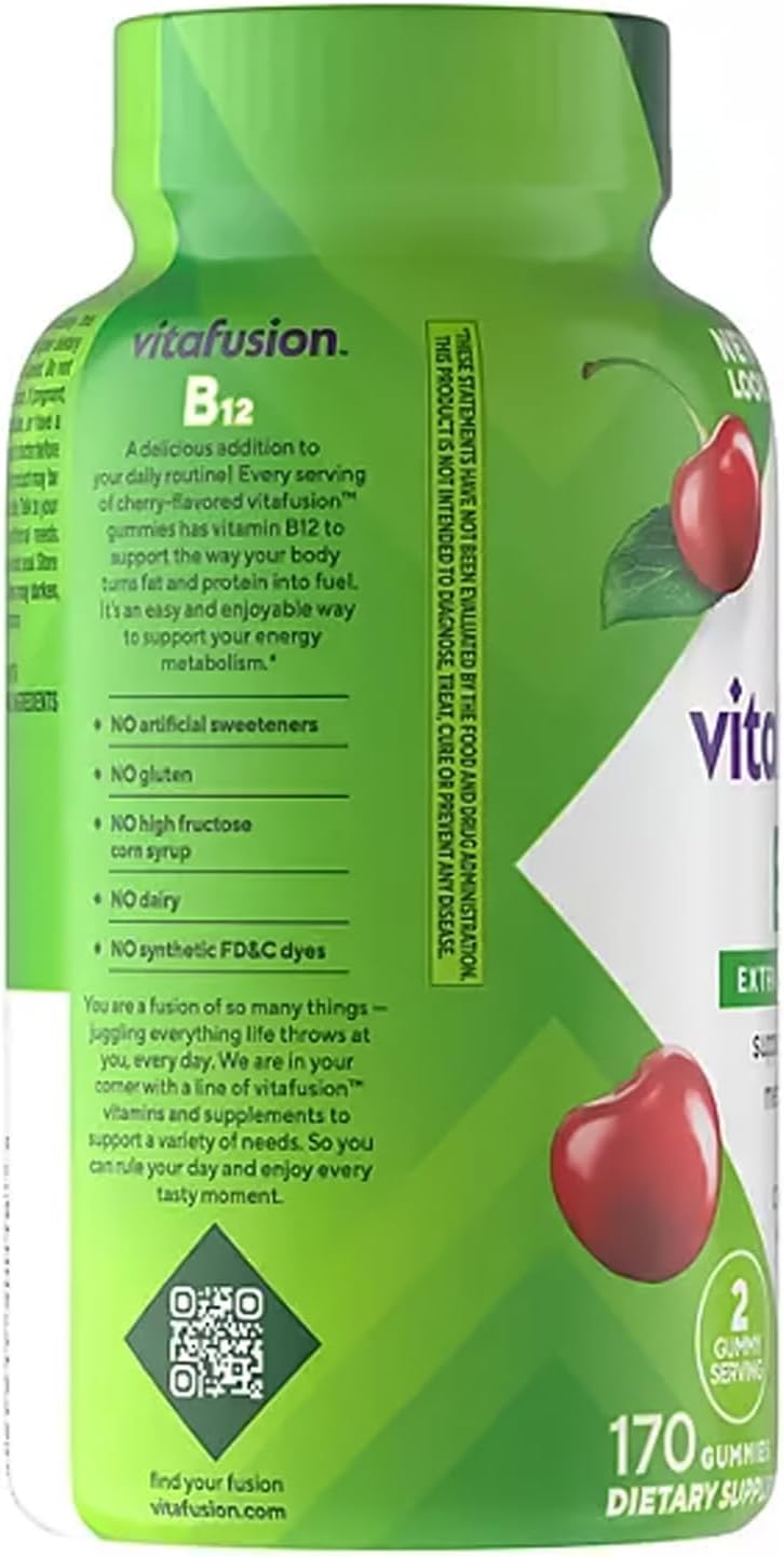 Vitafusion Extra Strength Cherry Flavored Vitamin B12 Gummies - Energy & Nervous System Support - 170 Count, 85 Day Supply