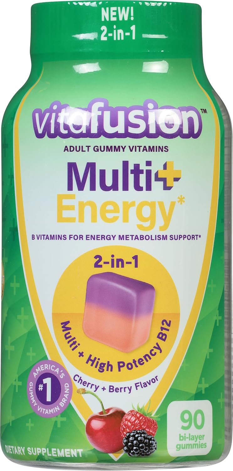 Vitafusion Multi + Energy Gummy Vitamins - 90 Count - Natural Berry Flavor - Daily Energy Boost and Multivitamin Support