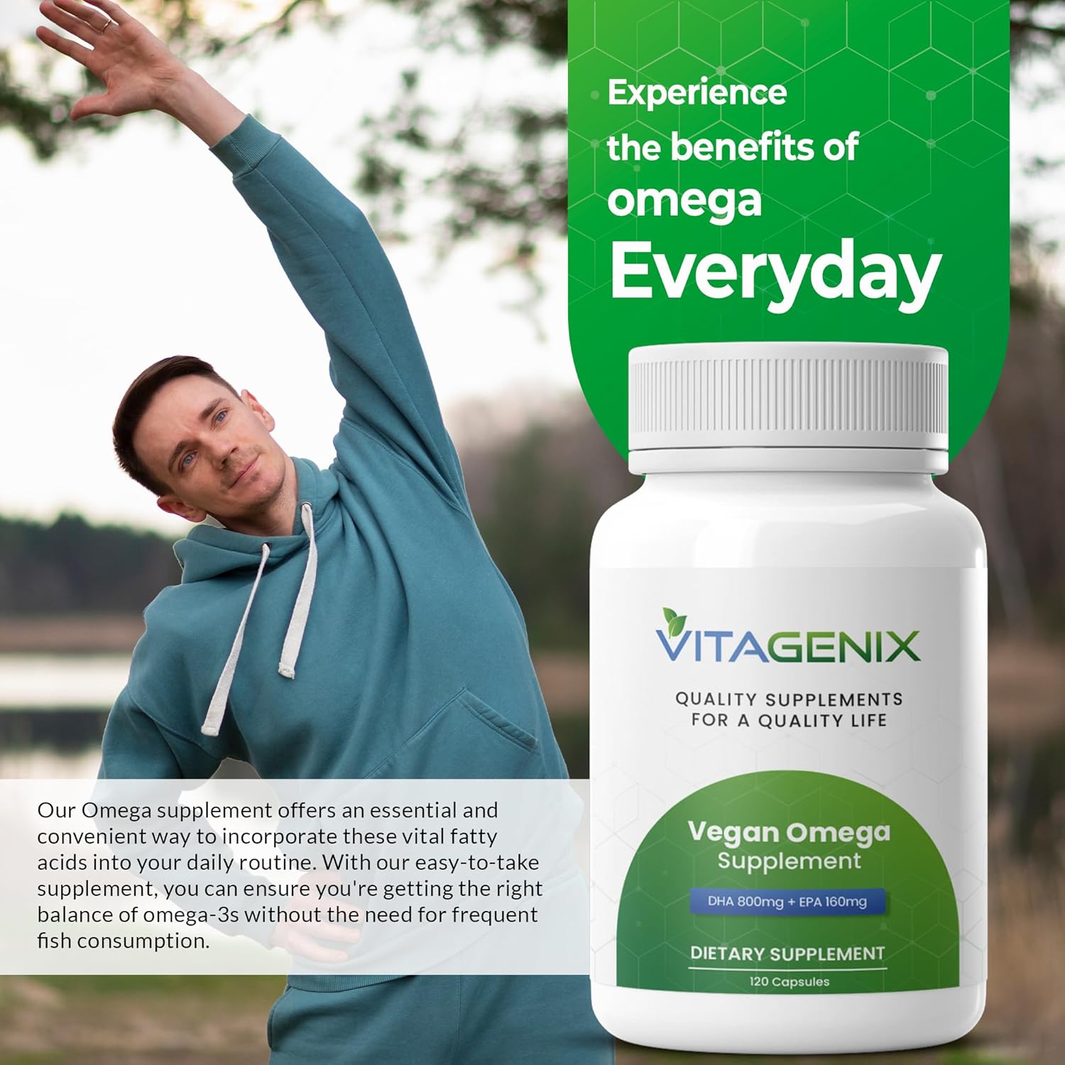 VITAGENIX Vegan Omega-3 Supplement with DHA & EPA from Marine Algae - Plant-Based Fish Oil Alternative Capsules for Heart, Brain, and Joint Health - Sustainable Option - 1 Pack
