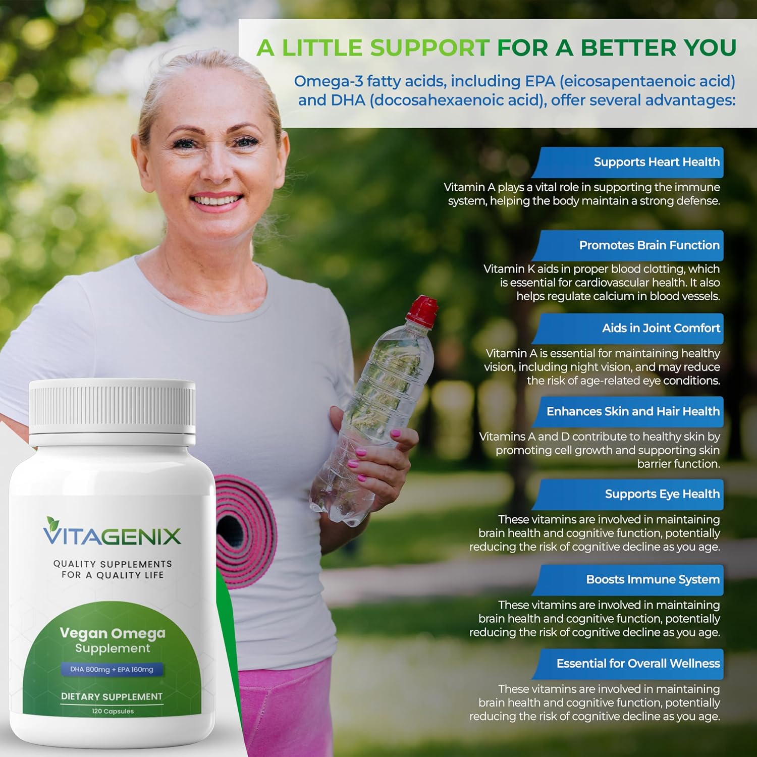 VITAGENIX Vegan Omega-3 Supplement with DHA & EPA from Marine Algae - Plant-Based Fish Oil Alternative Capsules for Heart, Brain, and Joint Health - Sustainable Option - 1 Pack