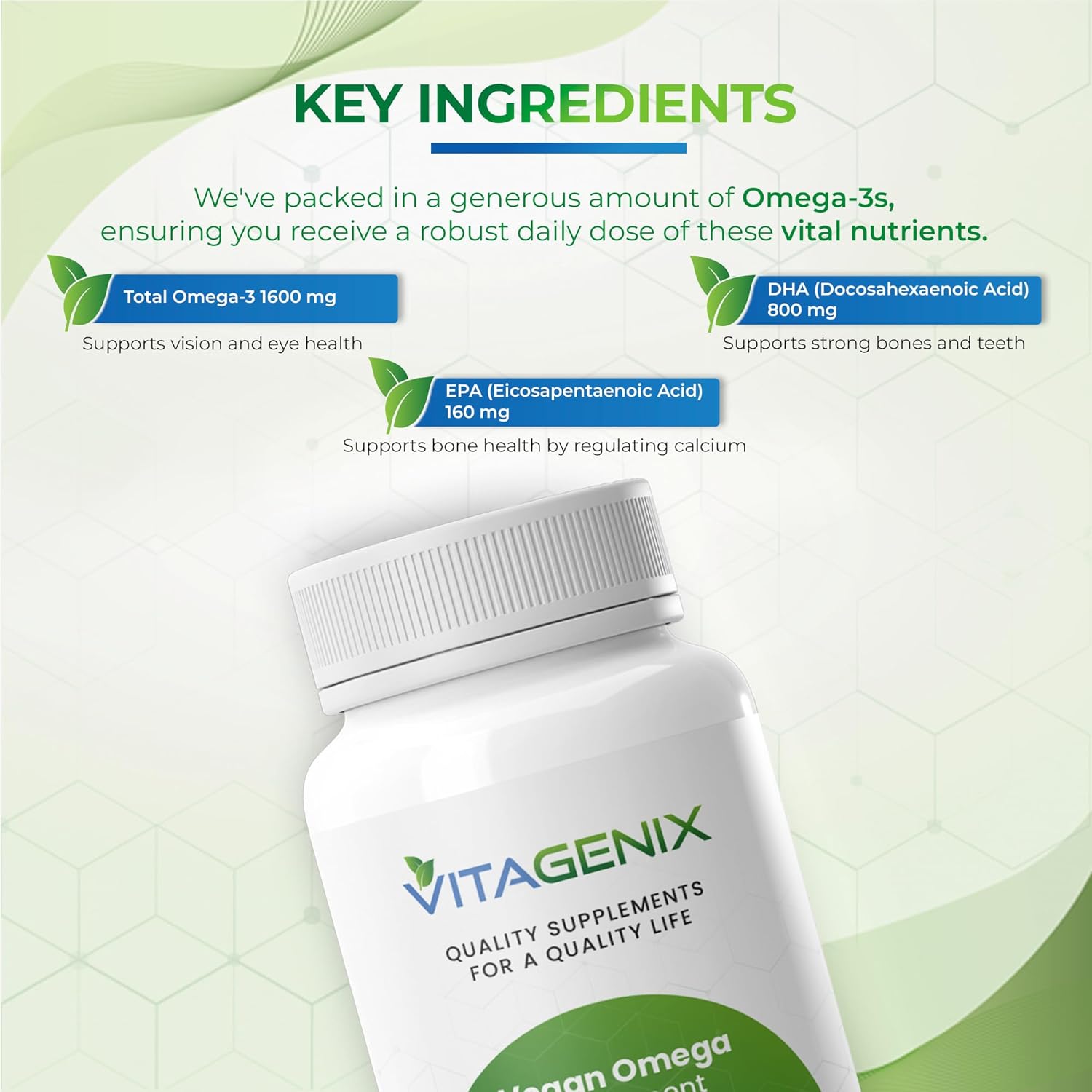 VITAGENIX Vegan Omega-3 Supplement with DHA & EPA from Marine Algae - Plant-Based Fish Oil Alternative Capsules for Heart, Brain, and Joint Health - Sustainable Option - 1 Pack