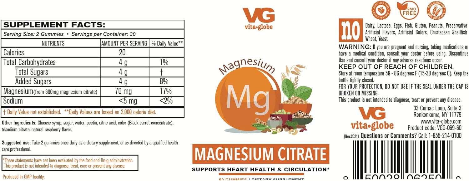 VitaGlobe Magnesium Citrate Gummies - 300mg for Bone, Muscle, Energy & Relaxation Support, 60 Count