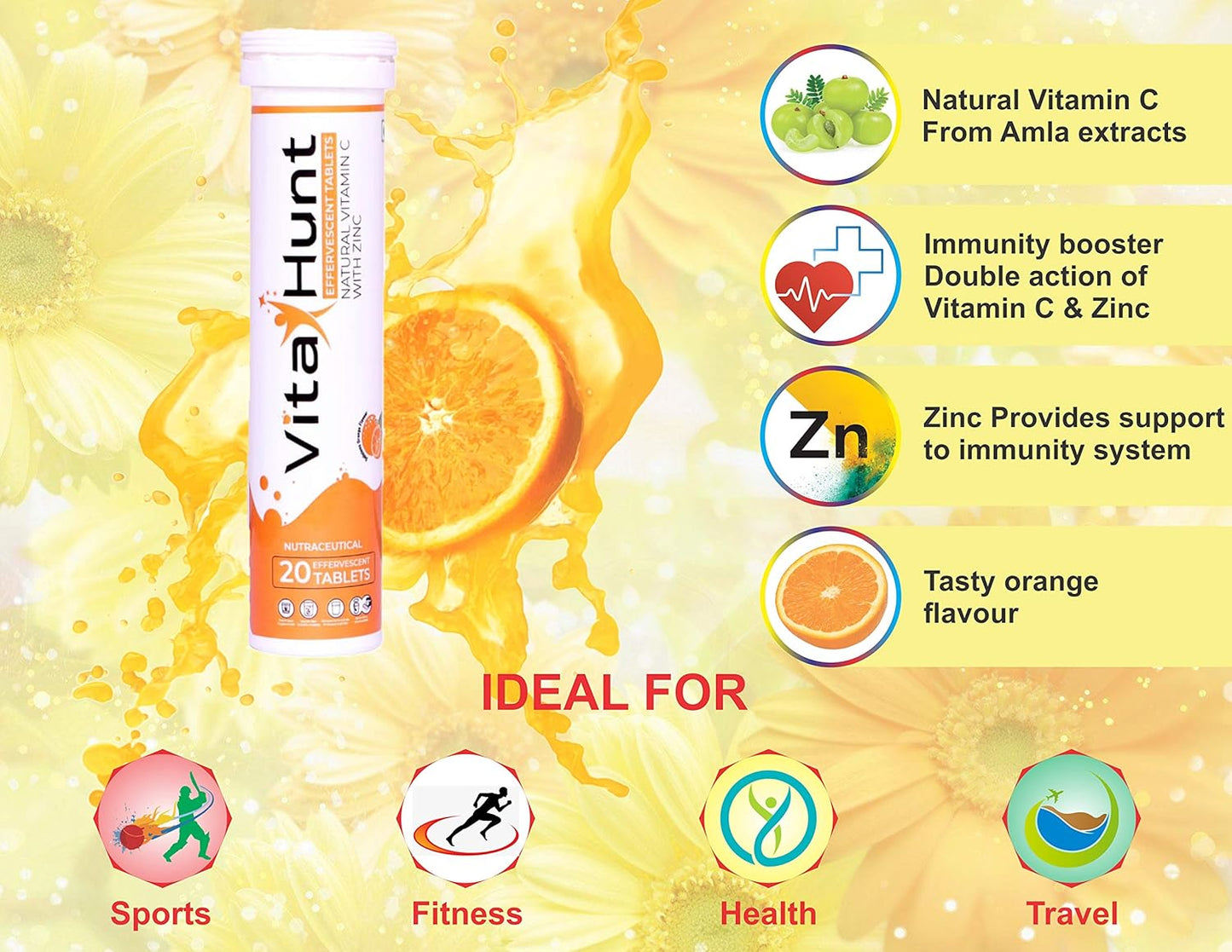 VitaHunt Vitamin C 1000mg with Zinc Effervescent Tablets - Immune Support & Antioxidants - Orange Flavor