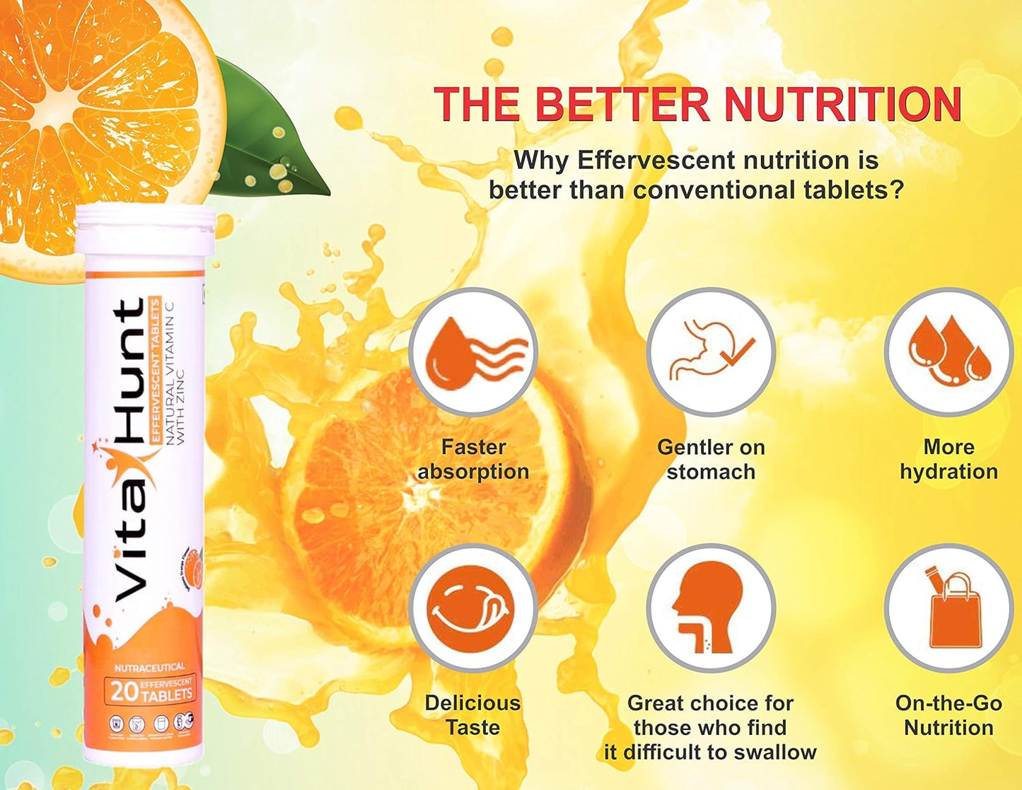 VitaHunt Vitamin C 1000mg with Zinc Effervescent Tablets - Immune Support & Antioxidants - Orange Flavor