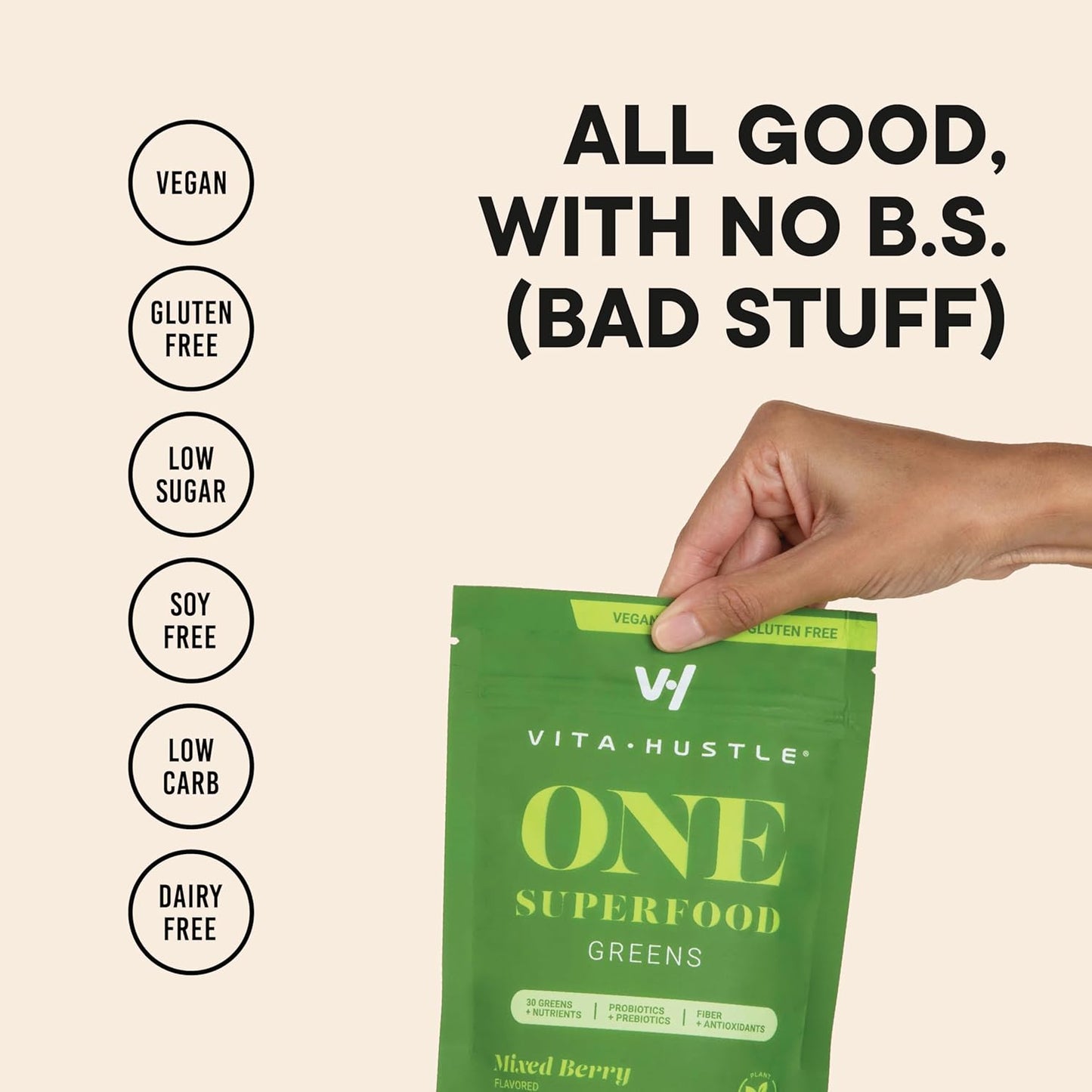 VitaHustle ONE Superfood Super Greens Powder with Prebiotics + Probiotics for Gut Health and Detox Support (Berry Flavor, 25 Servings)