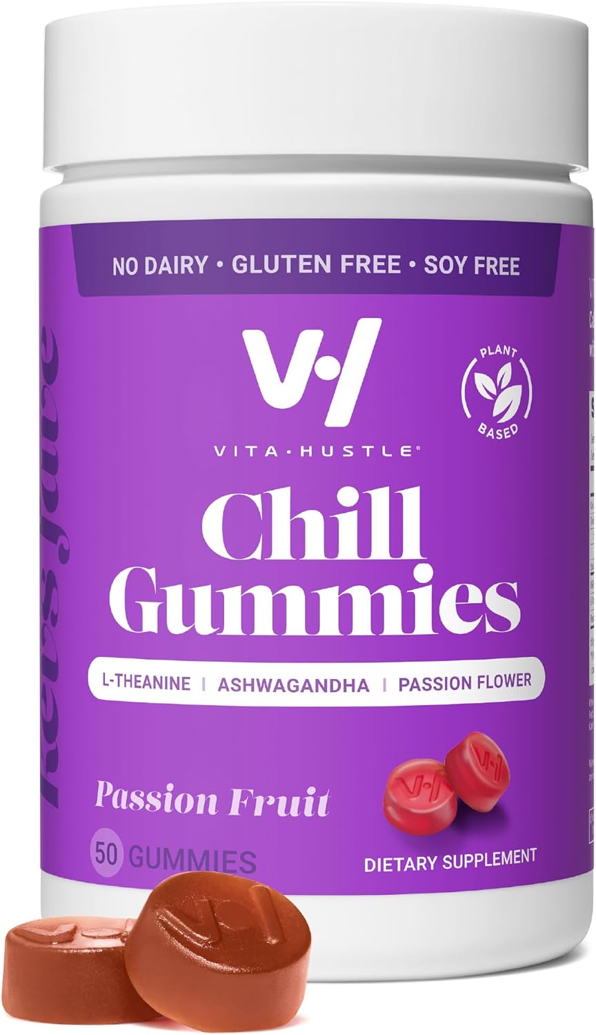 VitaHustle Stress Relief Gummies - 300mg KSM 66 Ashwagandha, L-Theanine, Vegan, Mood Support, Cortisol Balance, Focus - Passion Fruit Flavor - 50 Count