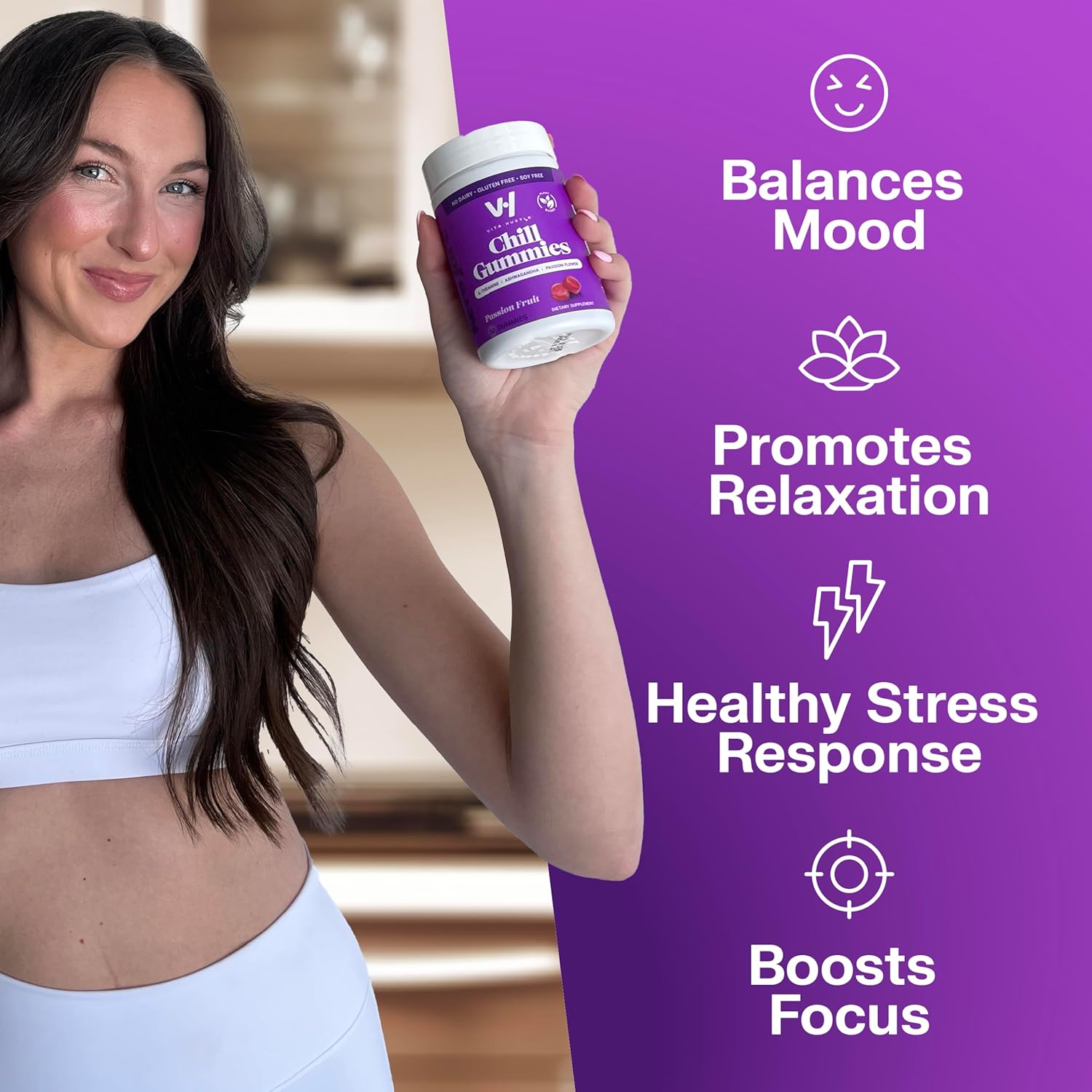 VitaHustle Stress Relief Gummies - 300mg KSM 66 Ashwagandha, L-Theanine, Vegan, Mood Support, Cortisol Balance, Focus - Passion Fruit Flavor - 50 Count