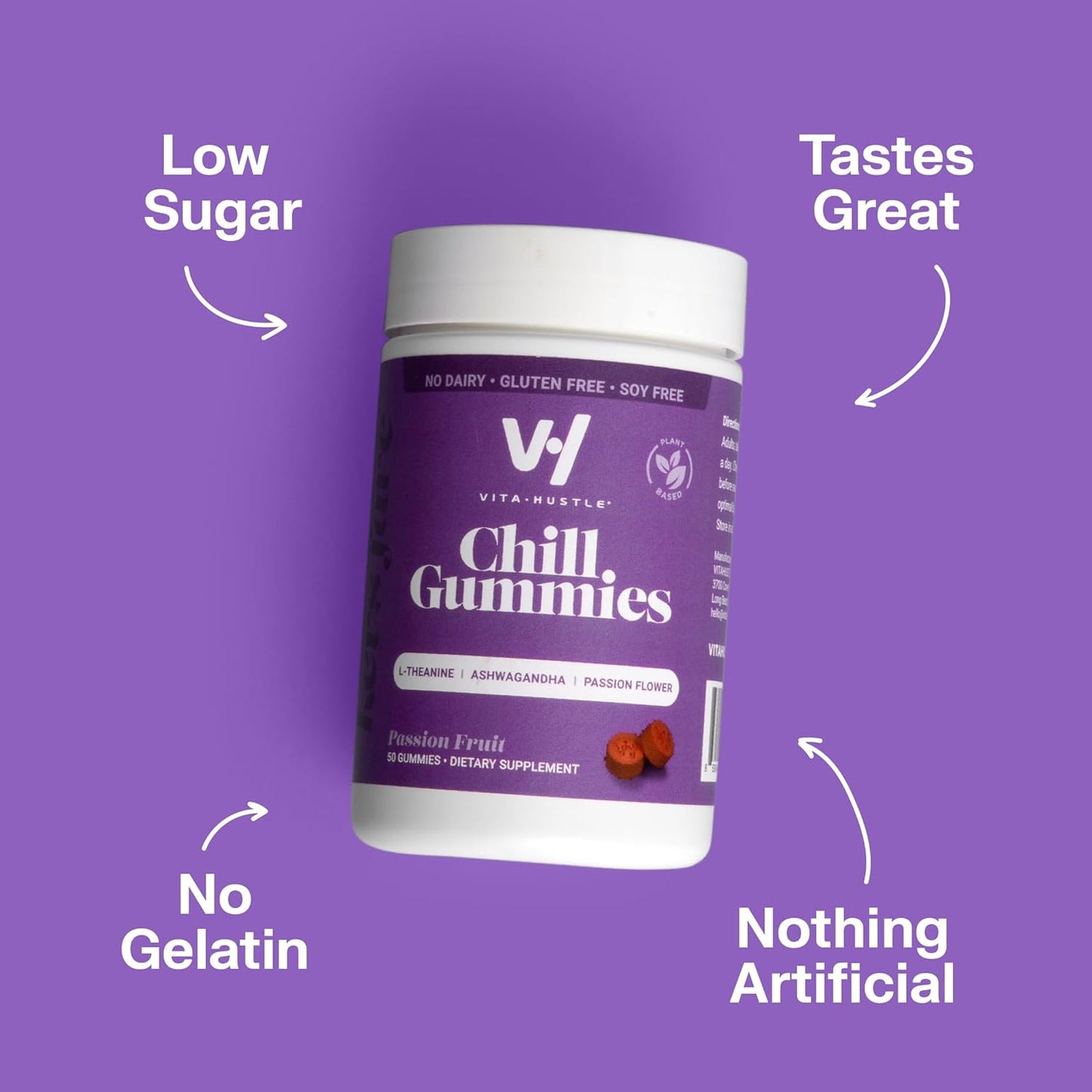 VitaHustle Stress Relief Gummies - 300mg KSM 66 Ashwagandha, L-Theanine, Vegan, Mood Support, Cortisol Balance, Focus - Passion Fruit Flavor - 50 Count