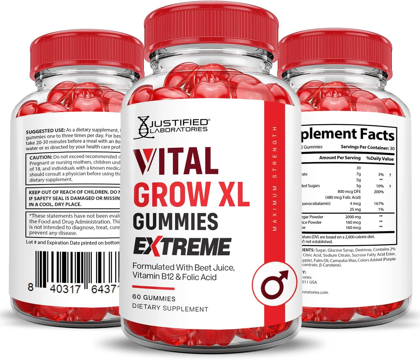 Vital Grow XL Extreme 2000MG Performance Gummies (3 Pack) with ACV, Pomegranate, Beet Juice Powder - B12, Vegan, Non GMO - 180 Count