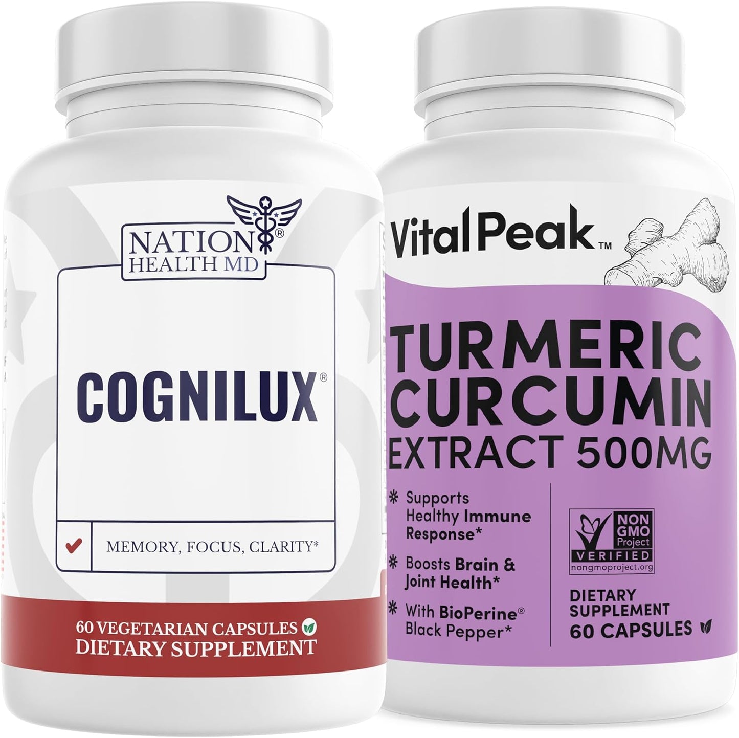 Vital Peak Bundle: NATION HEALTH MD Cognilux and Turmeric Curcumin Extract - Health Supplement Pack