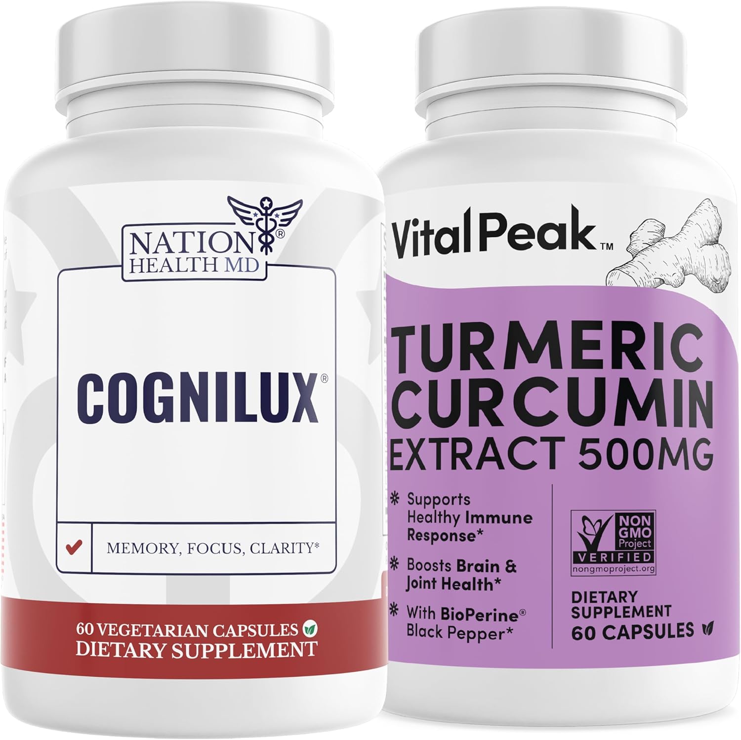 Vital Peak Bundle: NATION HEALTH MD Cognilux and Turmeric Curcumin Extract - Health Supplement Pack