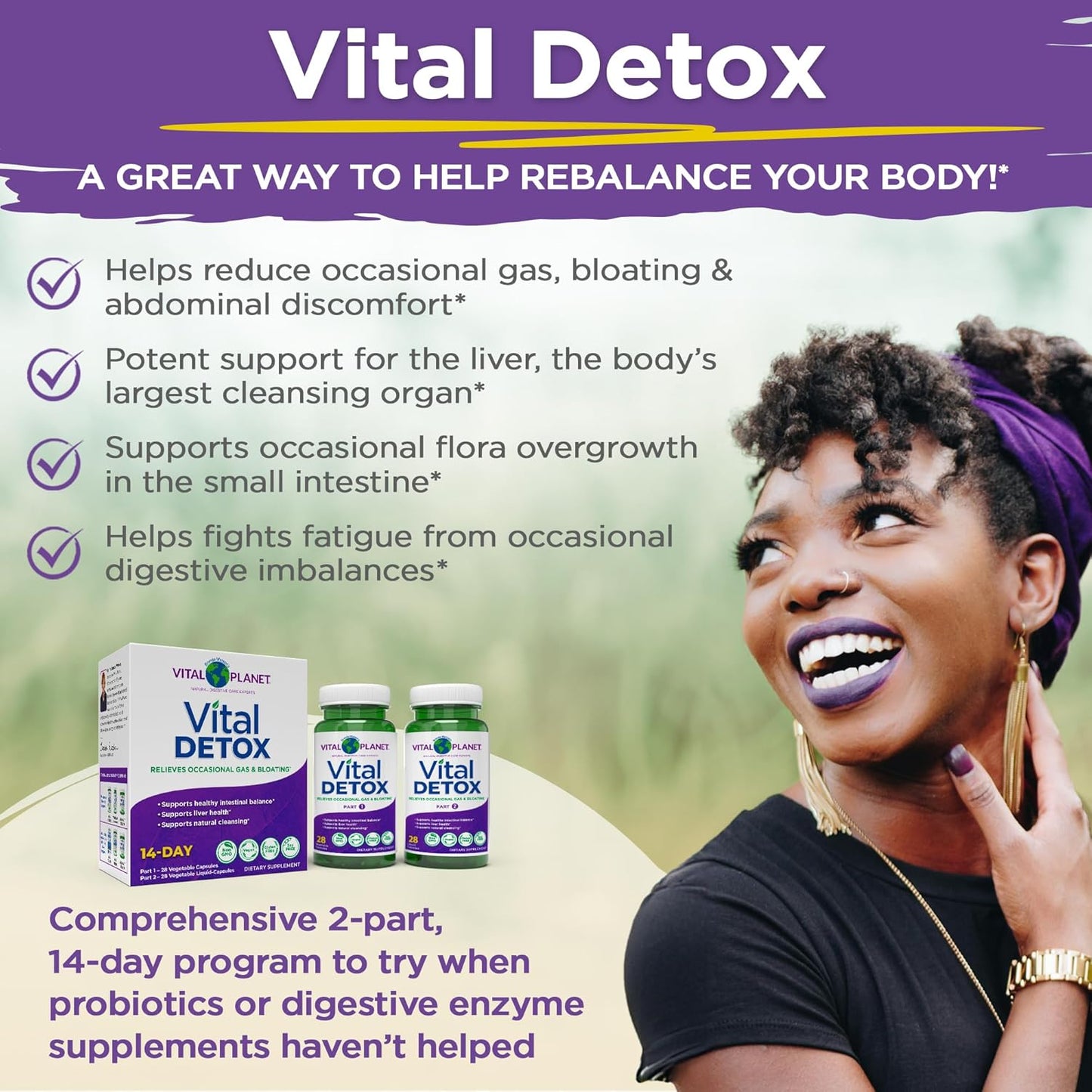 Vital Planet 2-Part 14 Day Detox Kit with Milk Thistle, Quercetin, Alpha Lipoic Acid, Choline, Herbs - Supports Intestinal Balance, Reduces Gas and Bloating - 56 Capsules