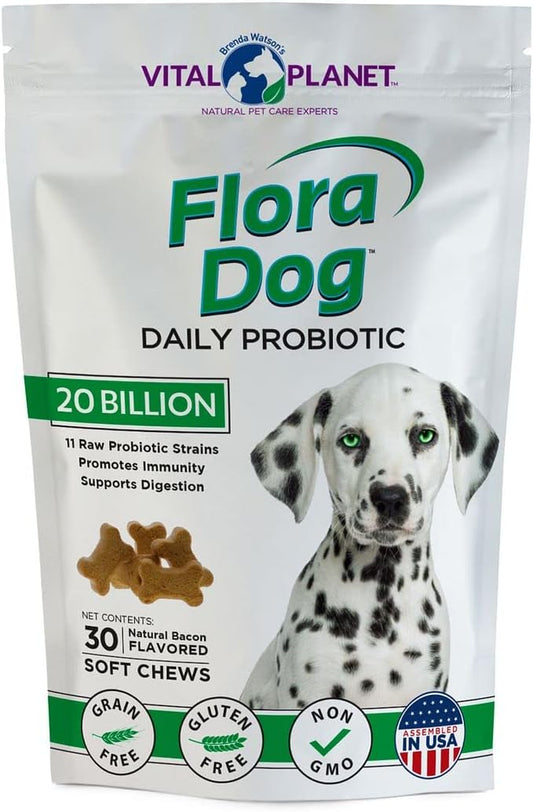 Vital Planet Flora Dog Probiotics: Immune & Digestive Support Chews for Dogs, 20B Cultures, 11 Strains, 30 Bacon Flavored Soft Chews - BoostGo Australia