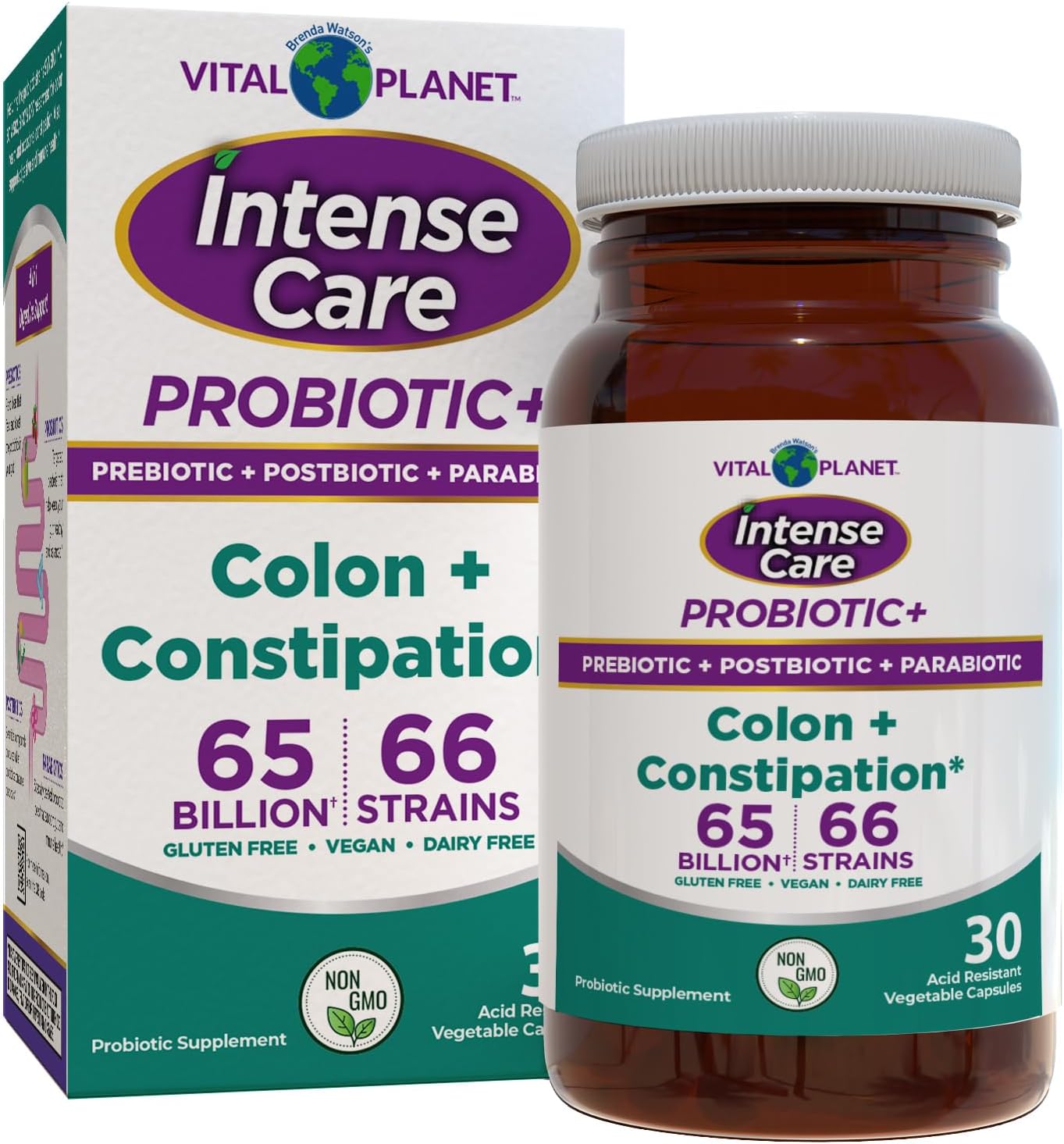 Vital Planet Intense Care Colon & Constipation Probiotics - 65 Billion CFU, 66 Strains - 30 ct Refrigerated Supplement for Adults - Digestive & Immune Support