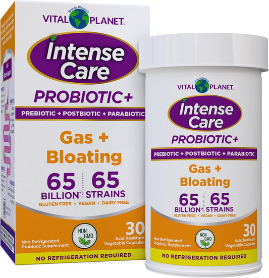 Vital Planet Intense Care Probiotics for Gas & Bloating - 4-in-1 Supplement with 65 Billion CFU, 65 Strains - Digestive & Immune Support - 30 Count