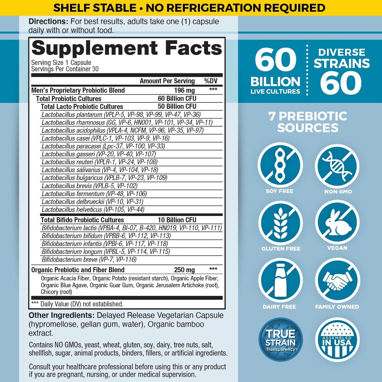 Vital Planet Men's Daily Probiotic - 60 Billion CFU, 60 Strains, 7 Prebiotics - Immune & Digestive Support - 30 Capsules