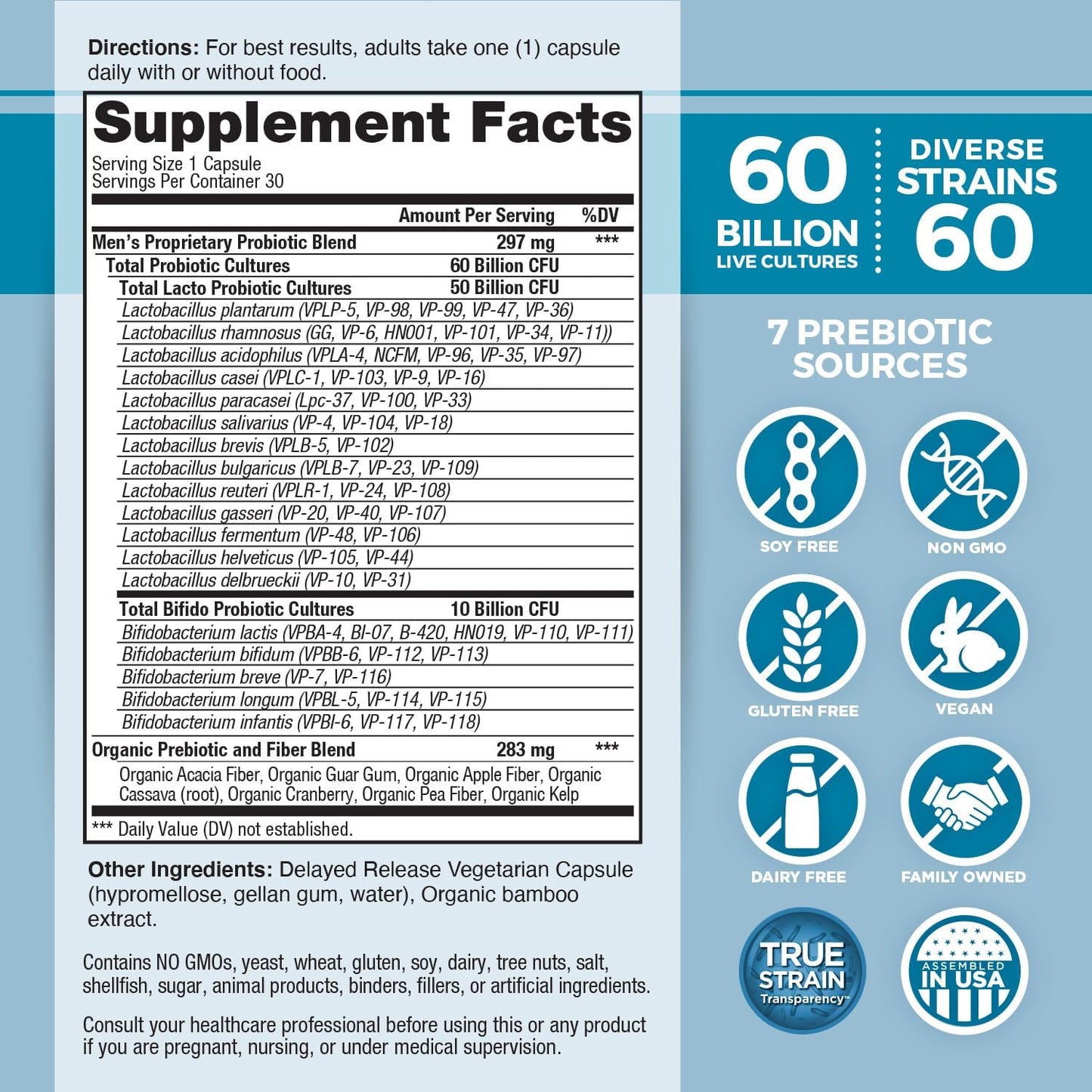 Vital Planet Men's Daily Probiotic with 60 Billion CFU, 60 Strains, 7 Prebiotics - Immune Support, Gas Relief, Digestive Health - 30 Capsules