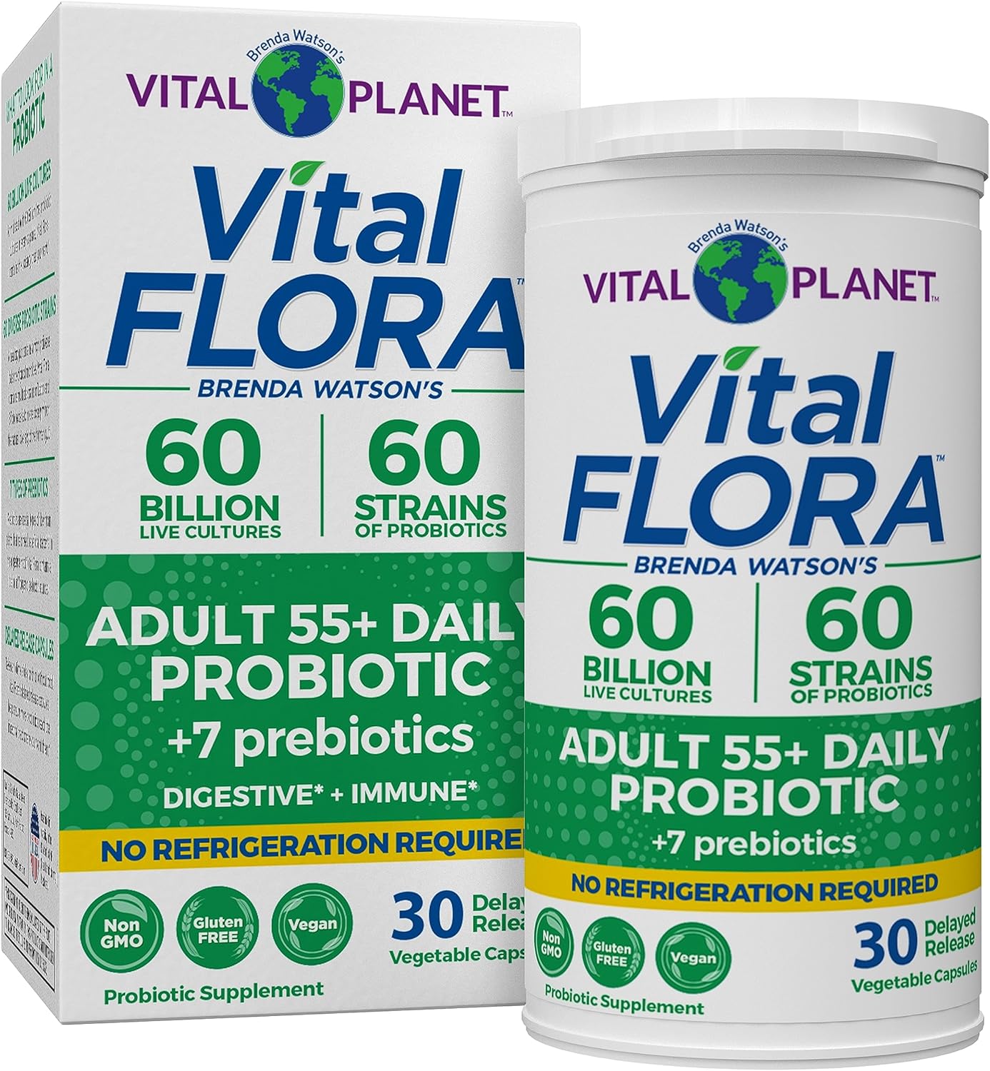 Vital Planet Vital Flora Adults 55+ Probiotic with 60 Billion CFU, Organic Prebiotics, Immune & Digestive Health - 30 Capsules
