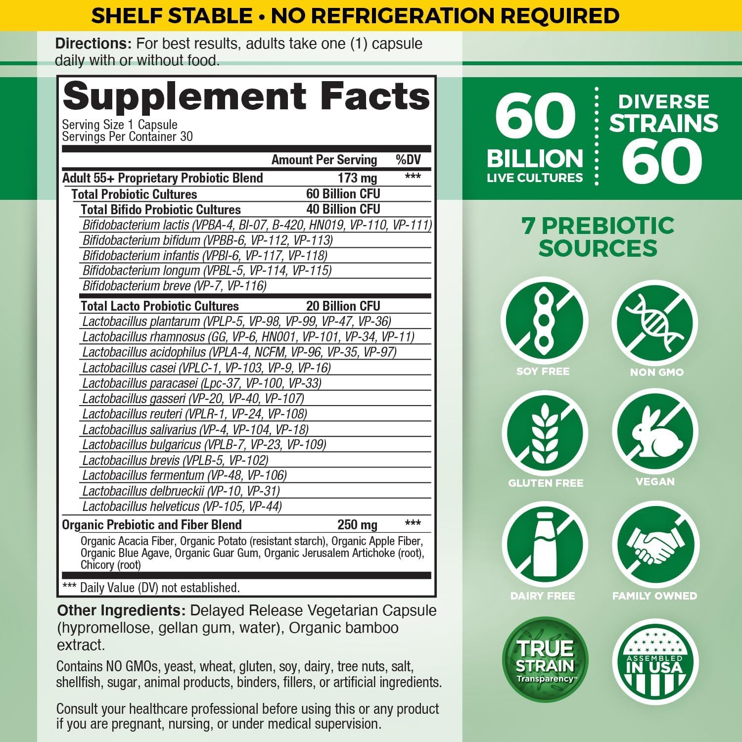 Vital Planet Vital Flora Adults 55+ Probiotic with 60 Billion CFU, Organic Prebiotics, Immune & Digestive Health - 30 Capsules