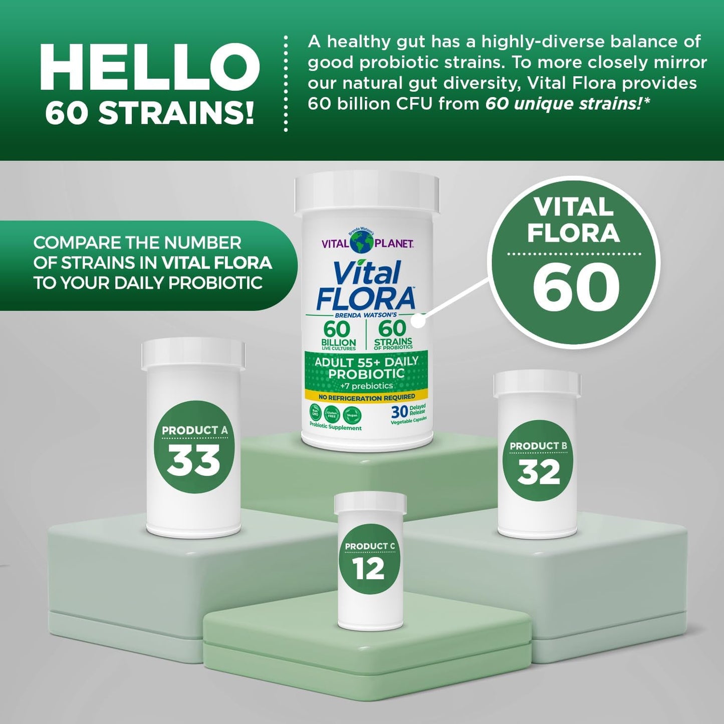 Vital Planet Vital Flora Adults 55+ Probiotic with 60 Billion CFU, Organic Prebiotics, Immune & Digestive Health - 30 Capsules