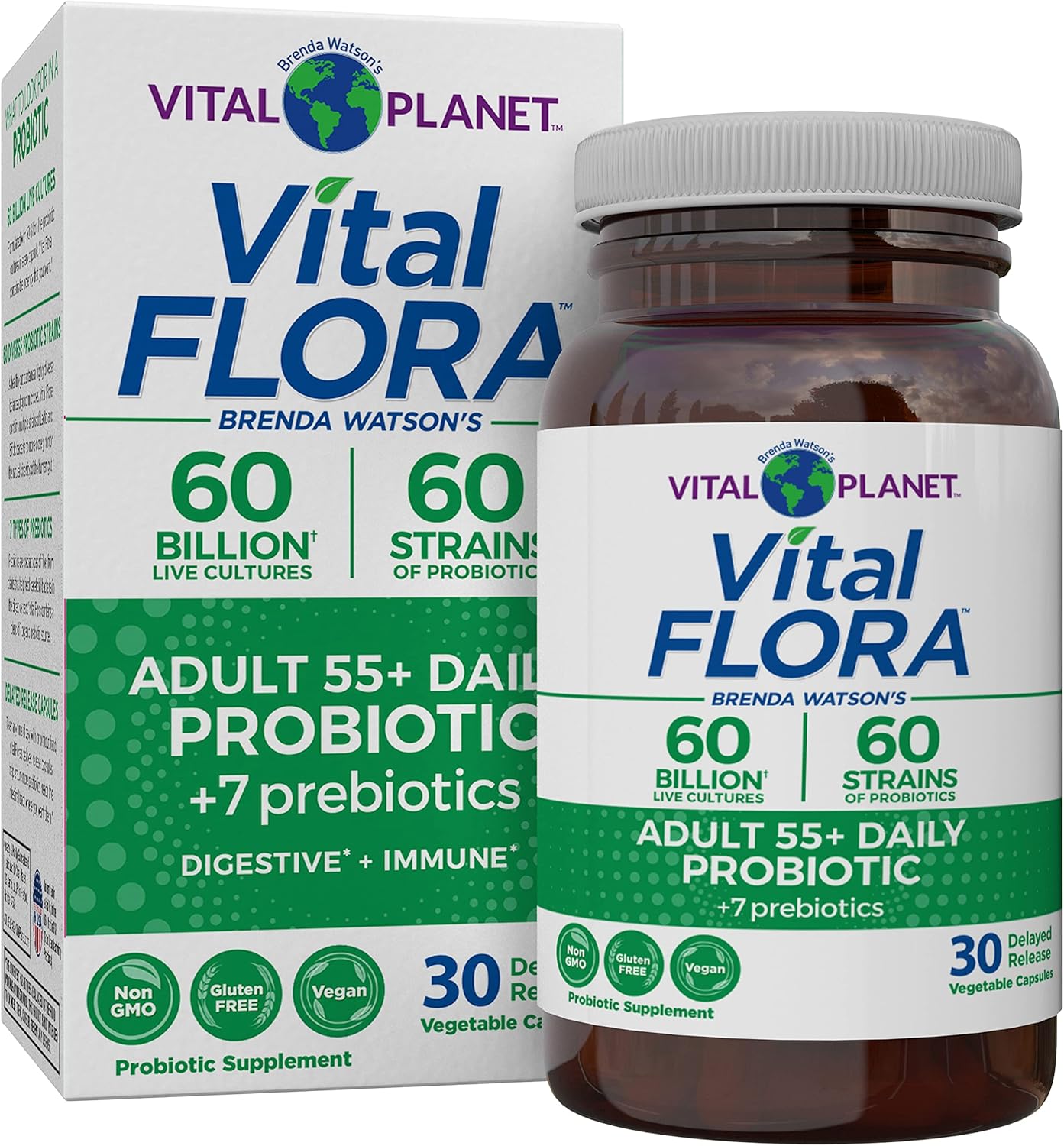 Vital Planet Vital Flora Adults Over 50 Probiotic: 60 Billion CFU, 60 Strains, Immune & Digestive Support - 30 Capsules
