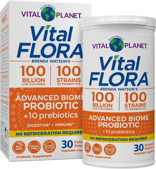 Vital Planet Vital Flora Advanced Probiotic: 100 Billion CFU, 100 Strains, 10 Prebiotics, Immune & Digestive Support, Shelf Stable - 30 Capsules