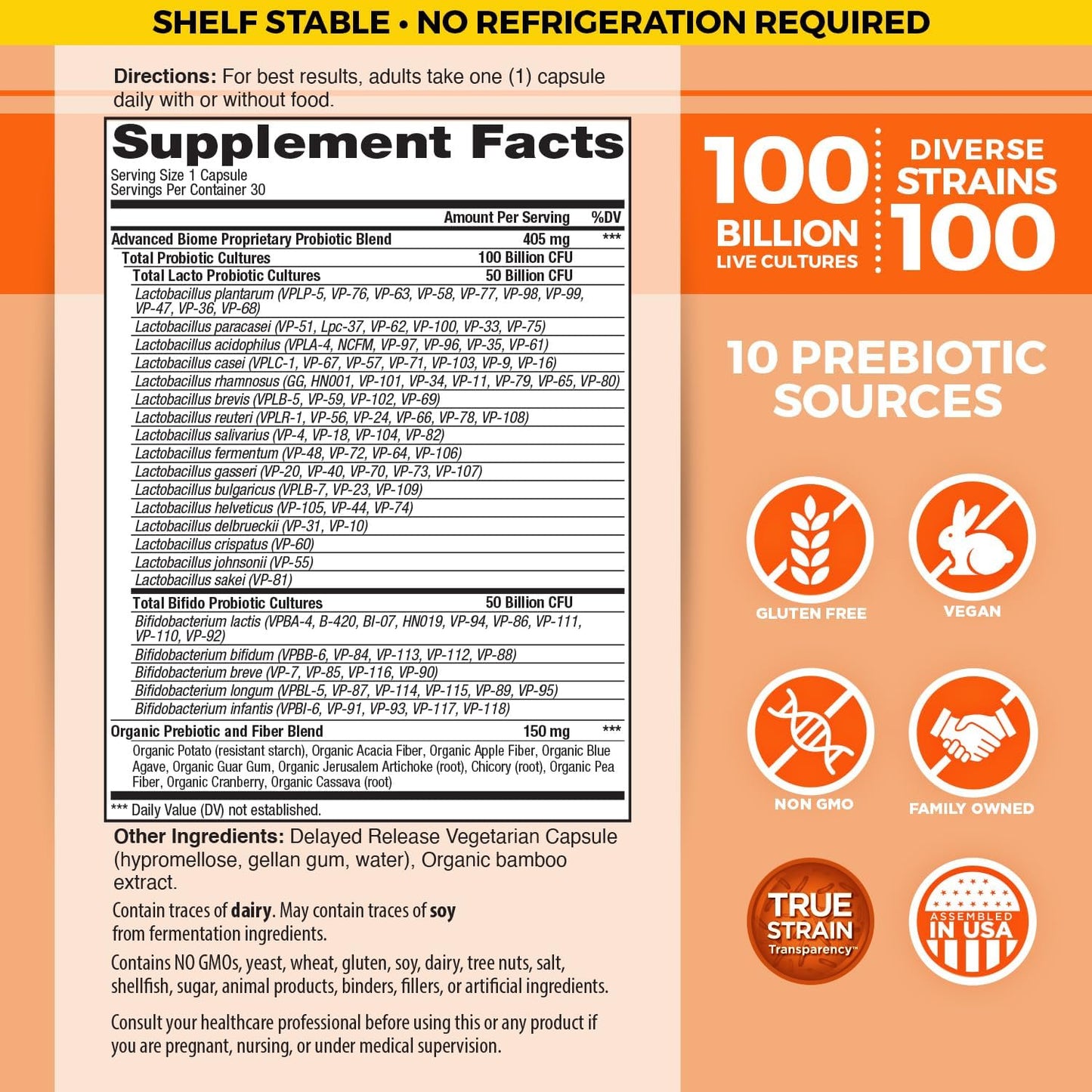 Vital Planet Vital Flora Advanced Probiotic: 100 Billion CFU, 100 Strains, 10 Prebiotics, Immune & Digestive Support, Shelf Stable - 30 Capsules