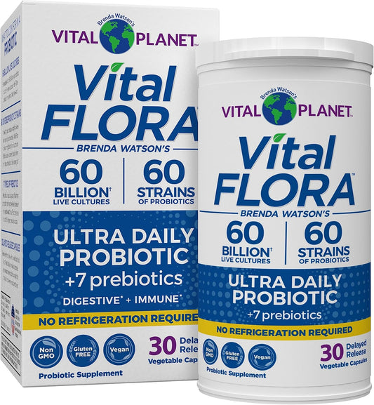 Vital Planet Vital Flora Ultra Daily Probiotic - 60 Billion CFU, 60 Strains, 7 Prebiotics - Immune & Digestive Support - 30 Capsules