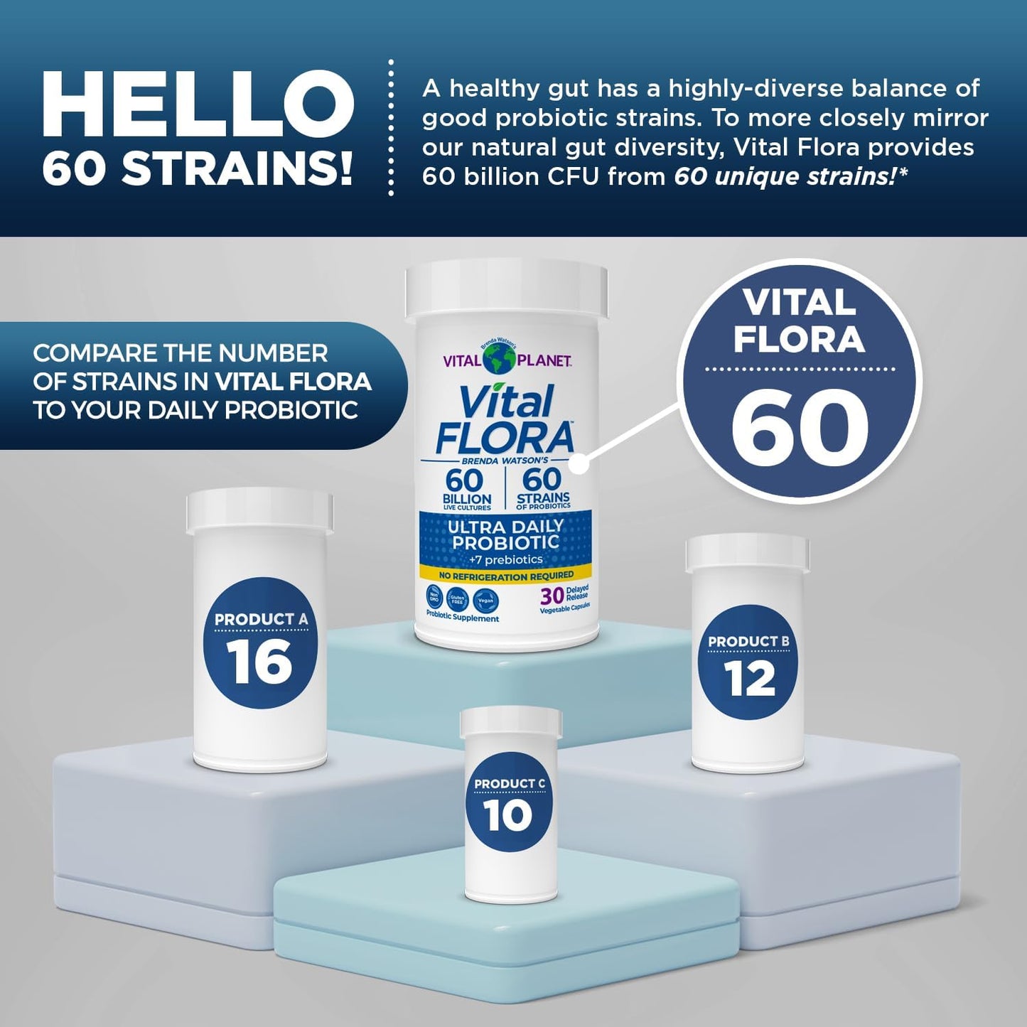 Vital Planet Vital Flora Ultra Daily Probiotic - 60 Billion CFU, 60 Strains, 7 Prebiotics - Immune & Digestive Support - 30 Capsules