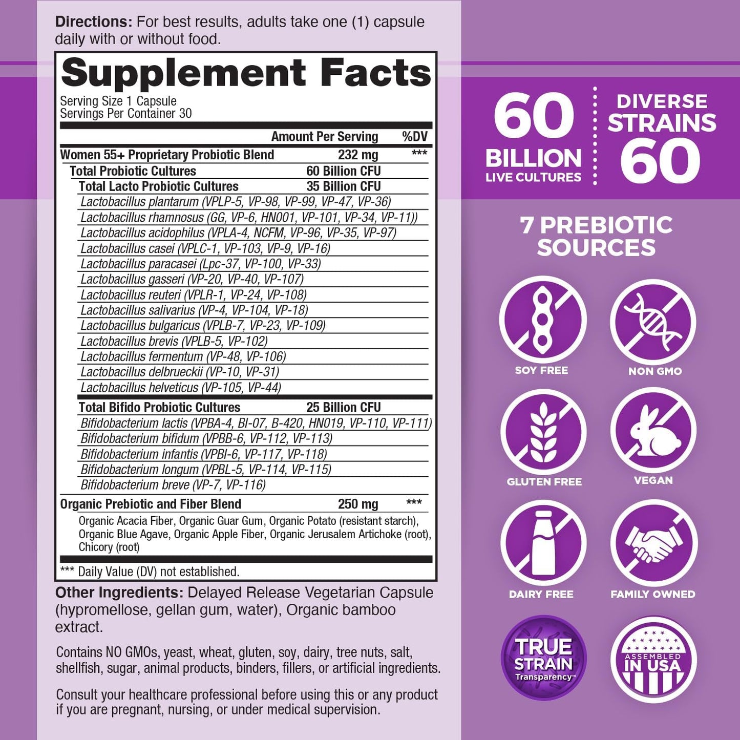 Vital Planet Women Over 55 Daily Probiotic - 60 Billion CFU - Organic Prebiotics - Vaginal & Immune Support - Digestive Health - 30 Capsules