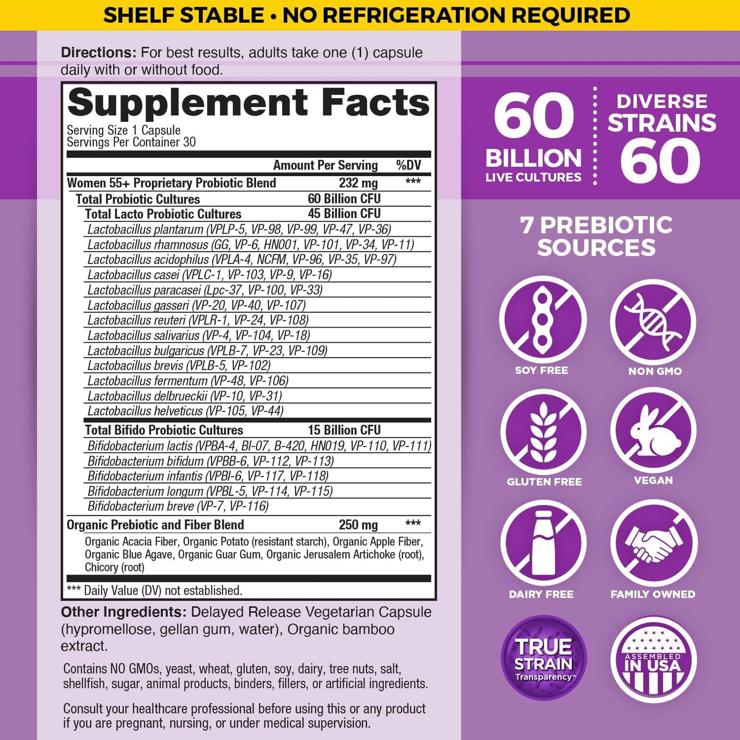 Vital Planet Women Over 55 Probiotic with 60 Billion CFU, 60 Strains, 7 Prebiotics - 30 Capsules
