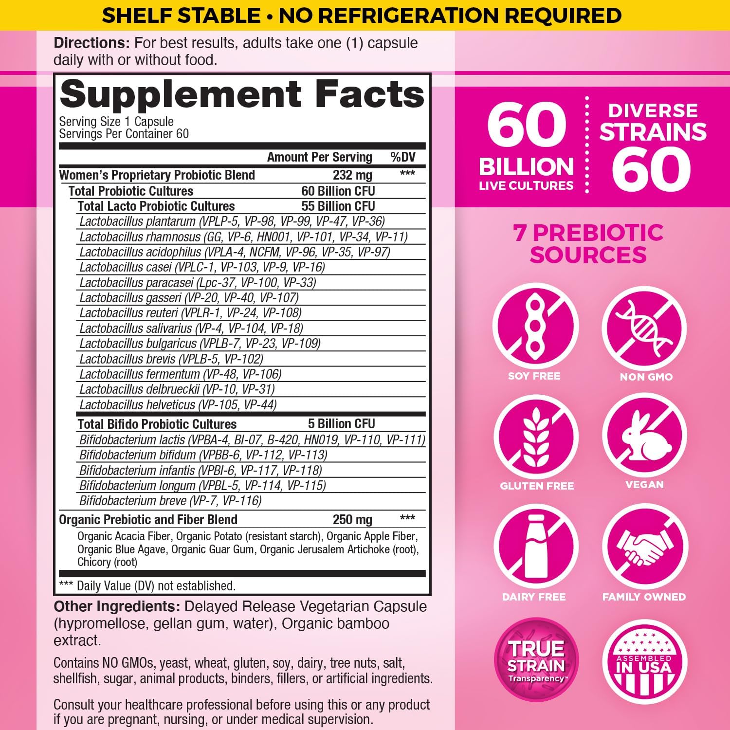 Vital Planet Women's Daily Probiotic - 60 Billion CFU, Diverse Strains, Organic Prebiotics - Immune and Vaginal Support - 60 Capsules