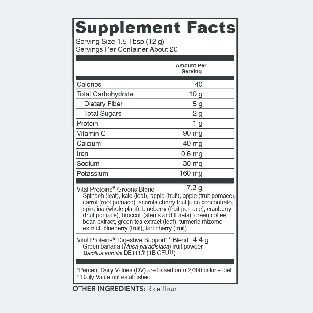 Vital Proteins Daily Greens Powder, Unflavored, 8.6 Ounces - Organic Superfood Supplement