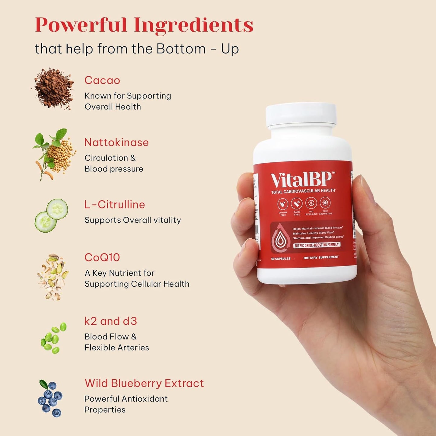 VitalBP - Supports Normal Blood Pressure, Blood Flow & Arteries - CoQ10, L-Citrulline, K2 & D3 - 60 Capsules