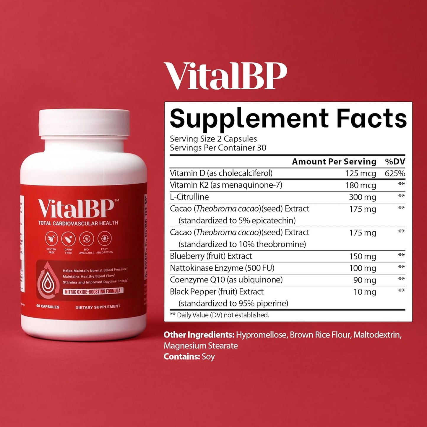 VitalBP - Supports Normal Blood Pressure, Blood Flow & Arteries - CoQ10, L-Citrulline, K2 & D3 - 60 Capsules