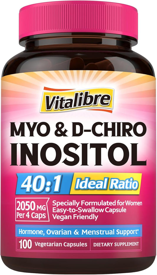 Vitalibre Inositol Supplement for Women - Myo-Inositol & D-Chiro Inositol Fertility Support, 40:1 Ratio, Hormone Balance, Ovarian Health - 100 Vegan Capsules