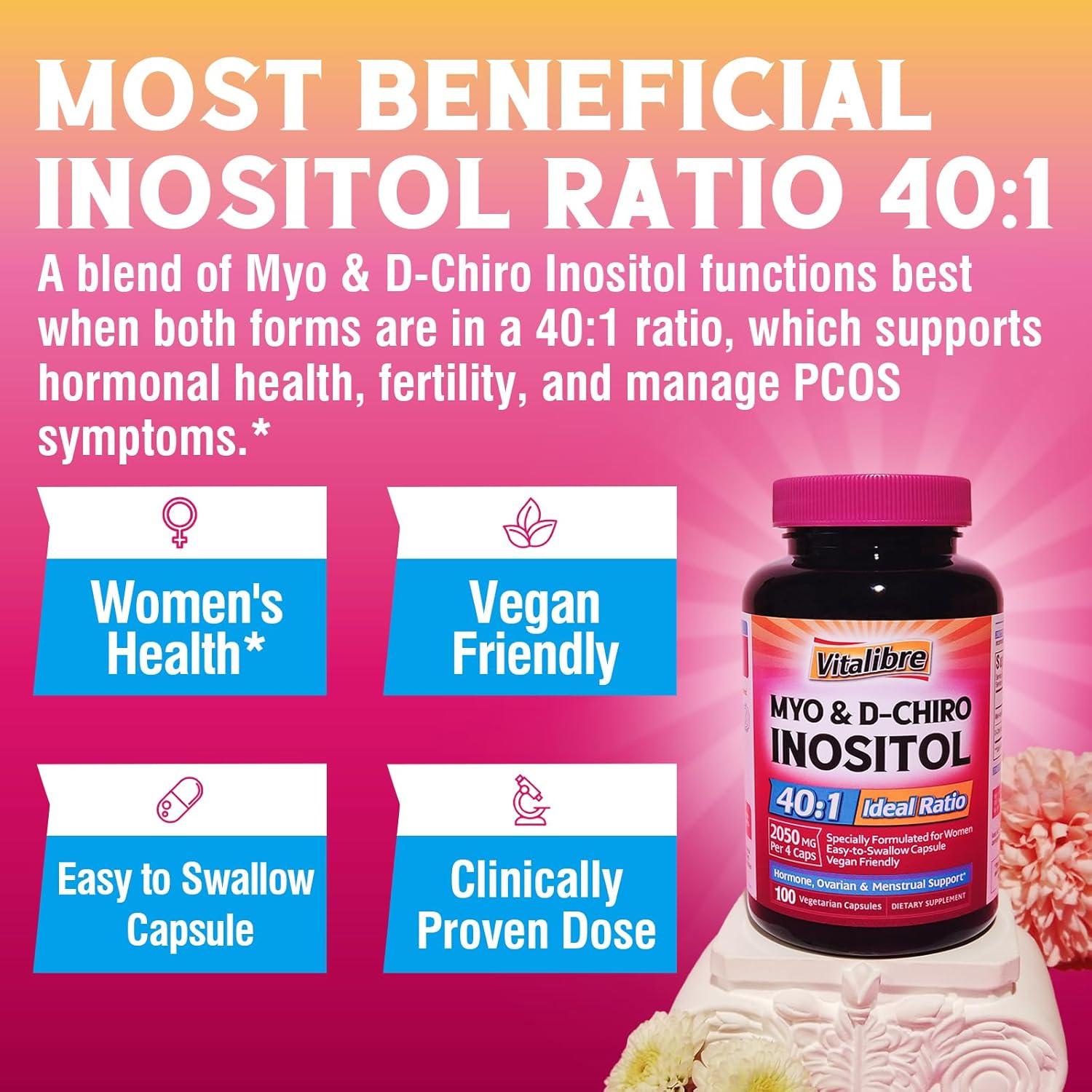 Vitalibre Inositol Supplement for Women - Myo-Inositol & D-Chiro Inositol Fertility Support, 40:1 Ratio, Hormone Balance, Ovarian Health - 100 Vegan Capsules