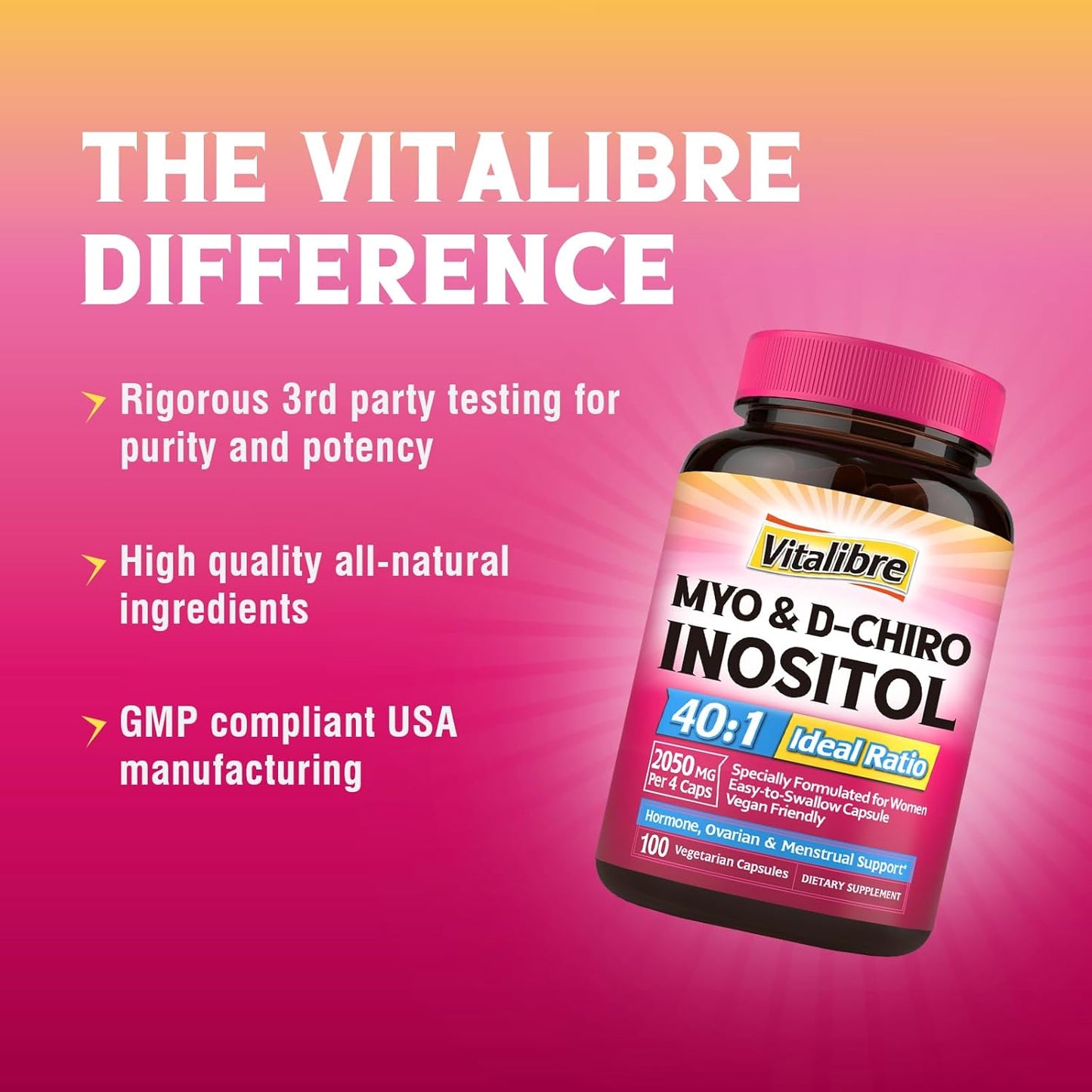 Vitalibre Inositol Supplement for Women - Myo-Inositol & D-Chiro Inositol Fertility Support, 40:1 Ratio, Hormone Balance, Ovarian Health - 100 Vegan Capsules