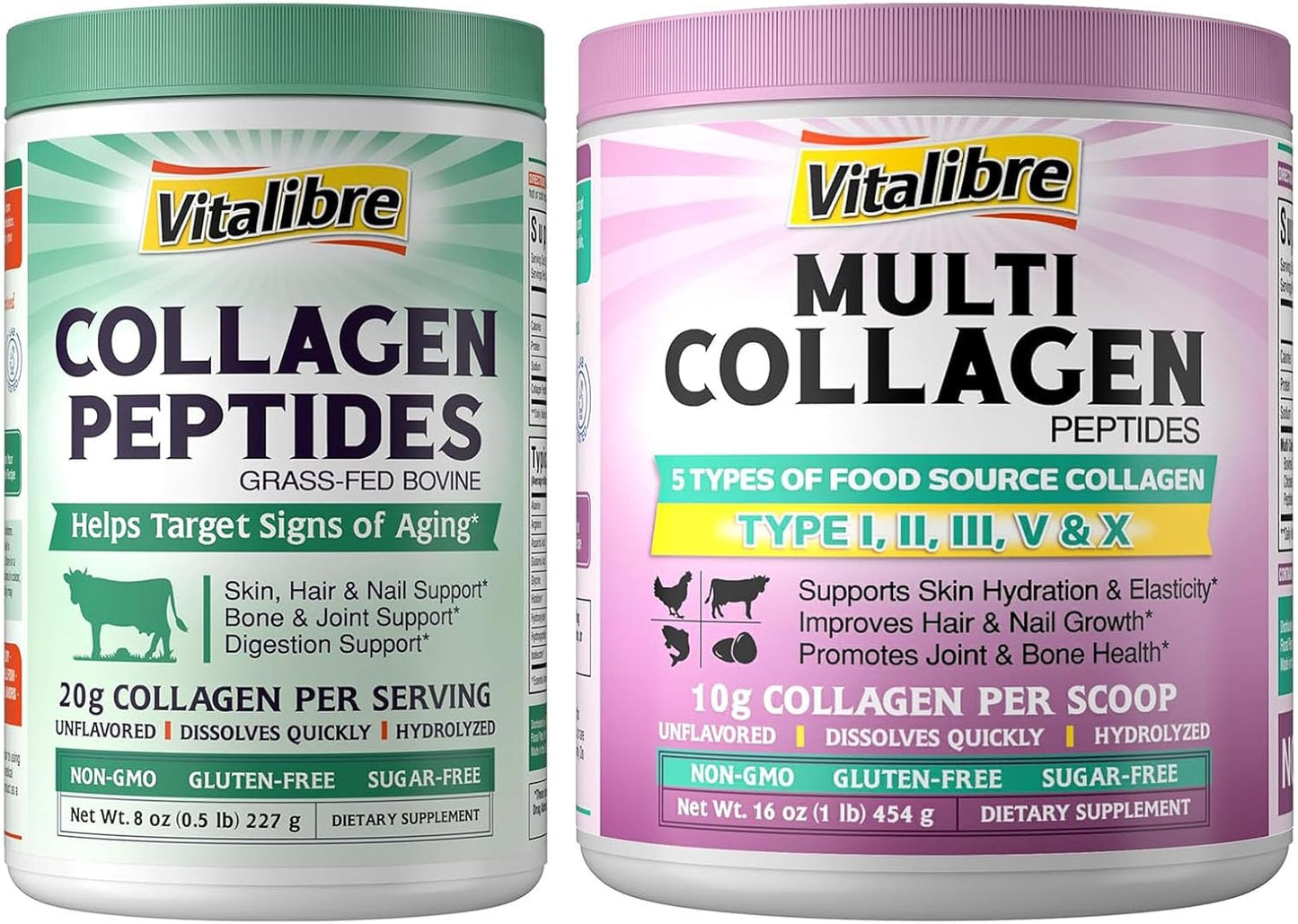 Vitalibre Multi Collagen & Bovine Peptides Powder Bundle - 16oz & 8oz Sizes