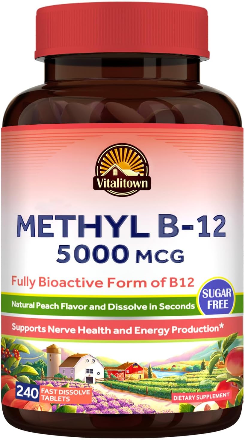 Vitalitown Methyl B12 5000 mcg Fast Dissolve Tablets, Natural Peach Flavor, Energy Support, Bioactive Formula, Sugar-Free - 240 Tablets