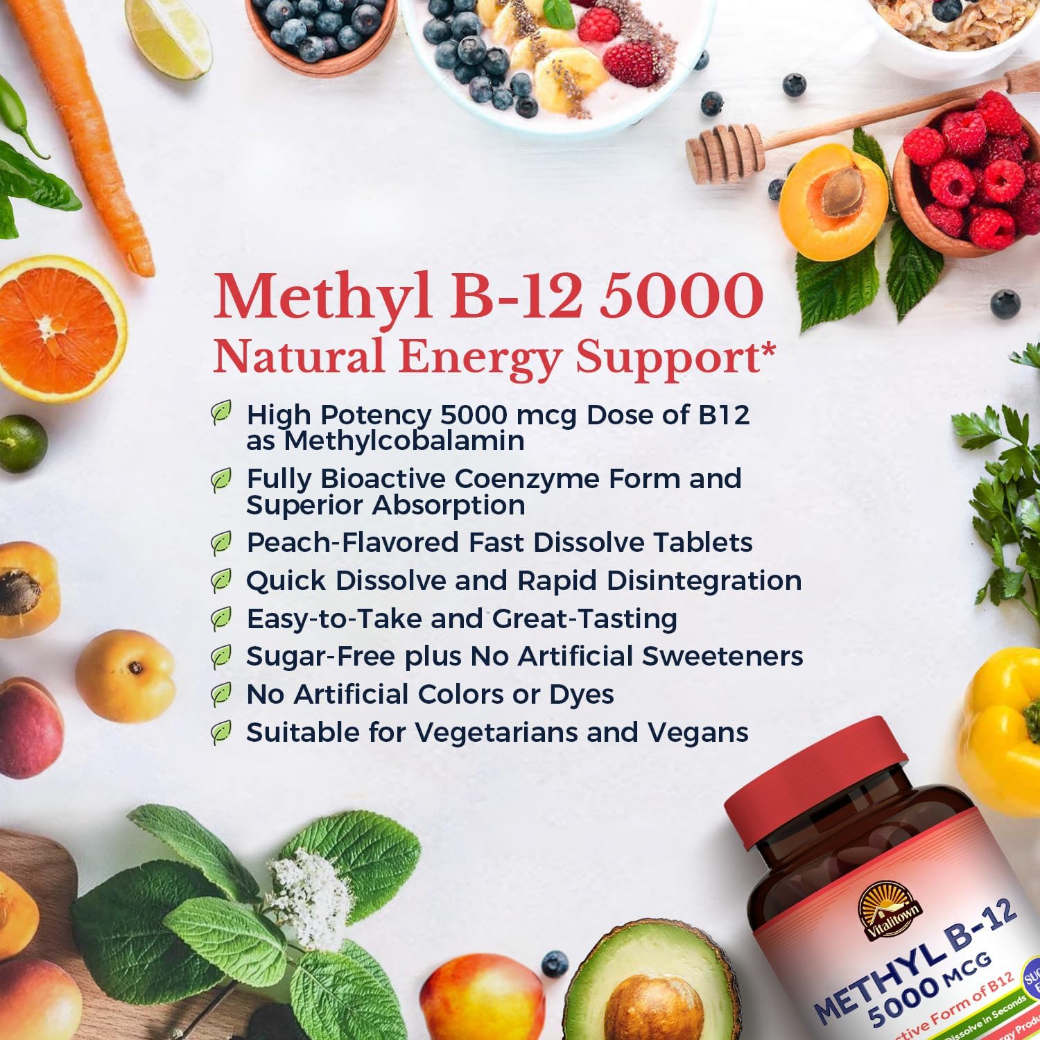 Vitalitown Methyl B12 5000 mcg Fast Dissolve Tablets, Natural Peach Flavor, Energy Support, Bioactive Formula, Sugar-Free - 240 Tablets