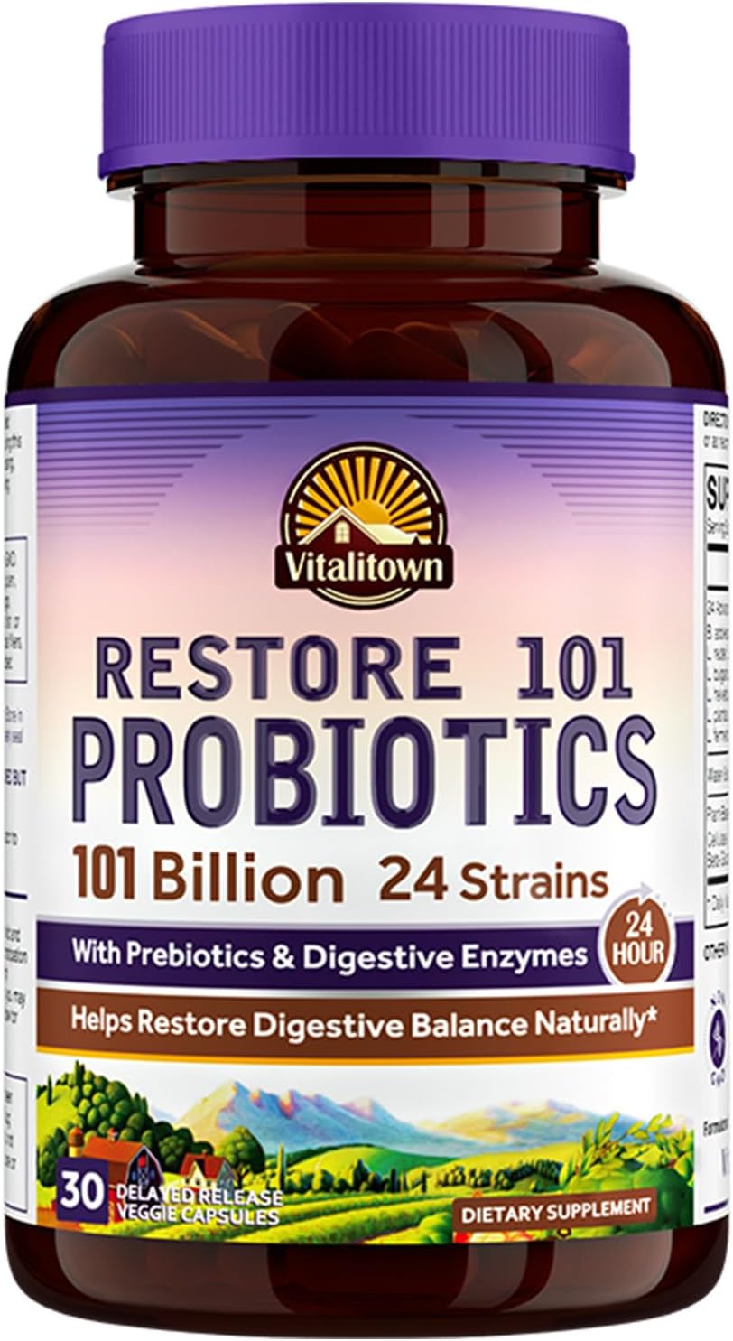 Vitalitown Probiotic Supplement: 101 Billion CFUs, 24 Strains, Enzymes, Prebiotics, Shelf Stable, Men & Women, 30 Caps